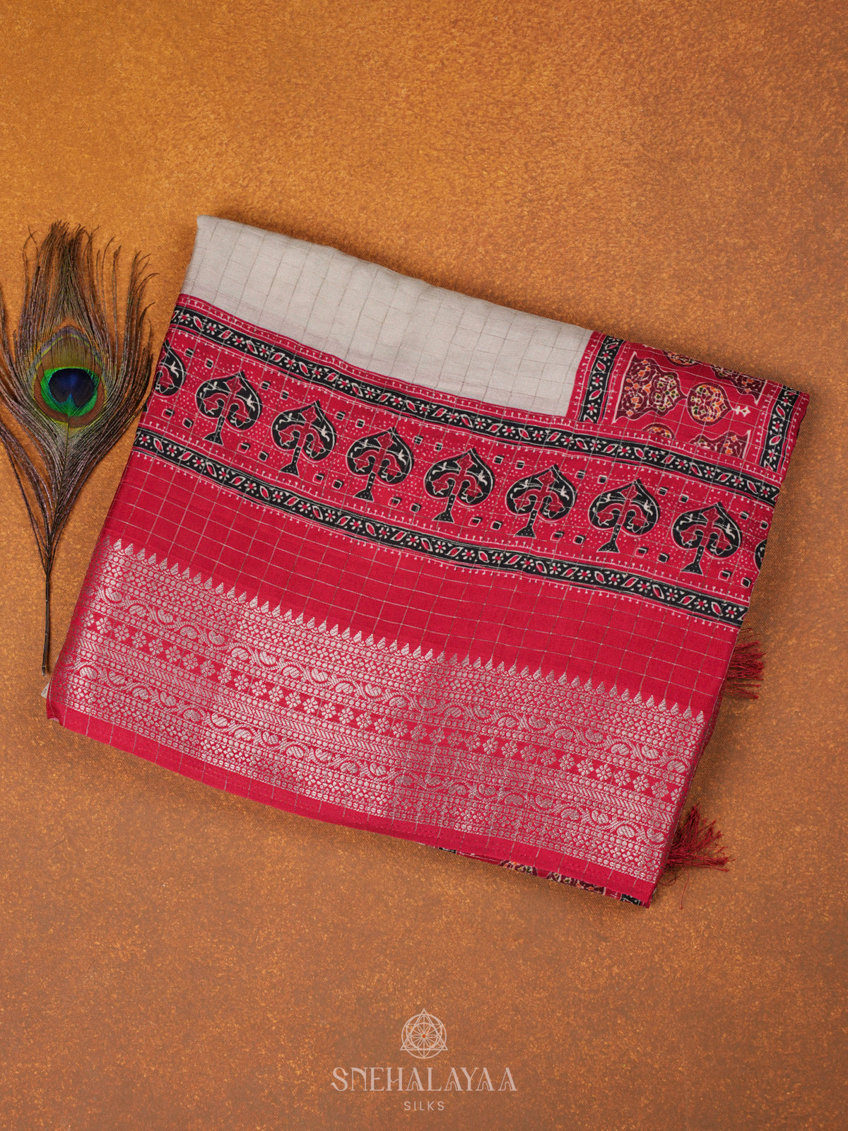 Cream Banaras Crepe Saree with Ruby Pink Border