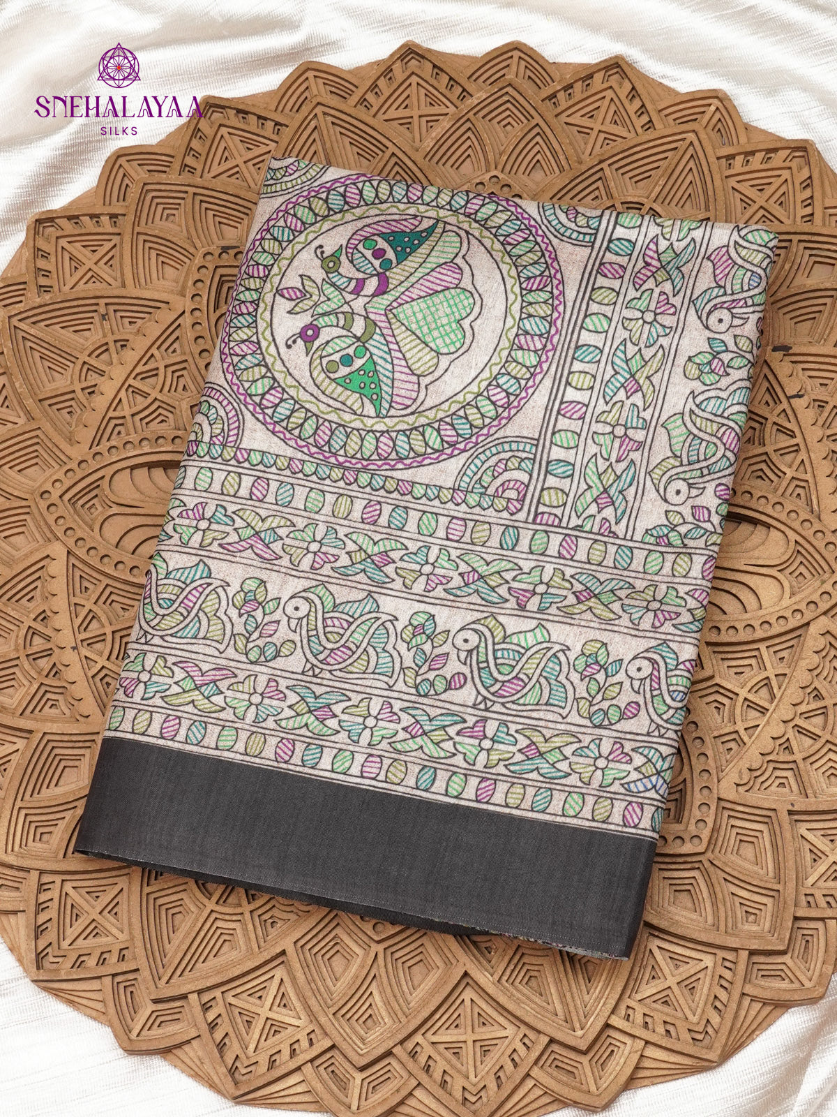 Beige With Black Border Madhubani Saree