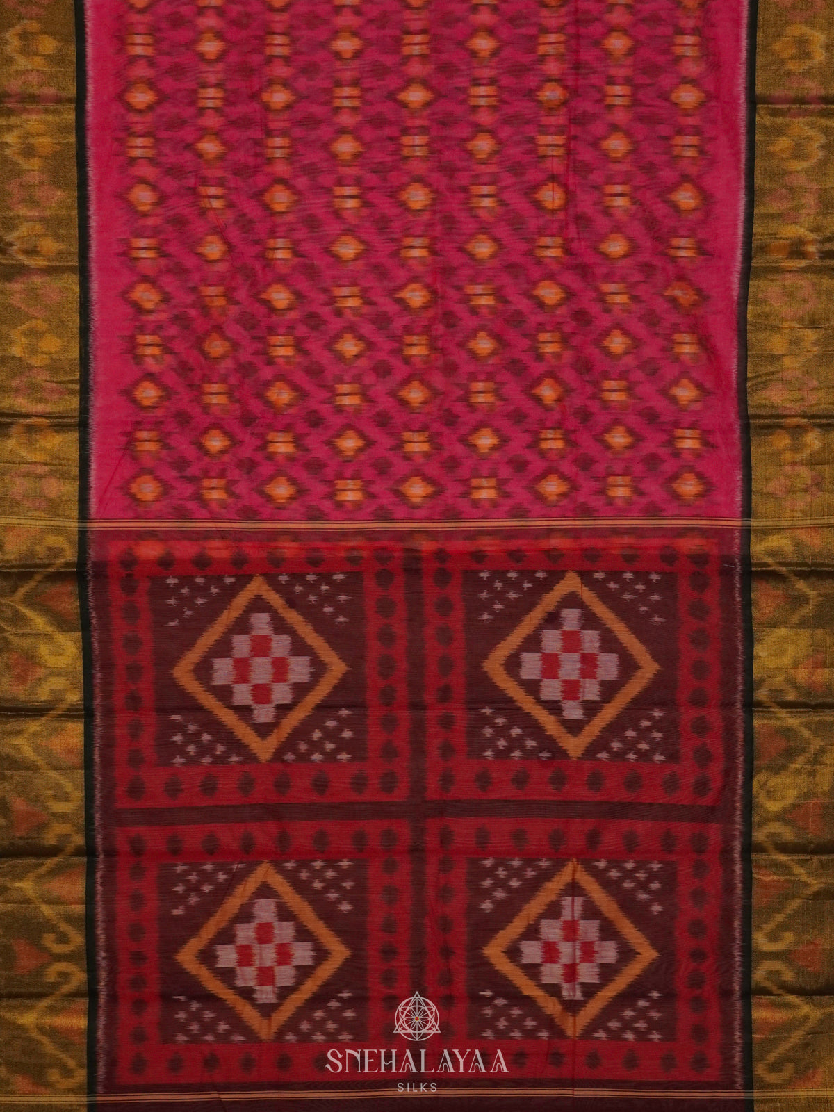 Pink Ikat Silk Cotton Saree with Traditional Woven Border