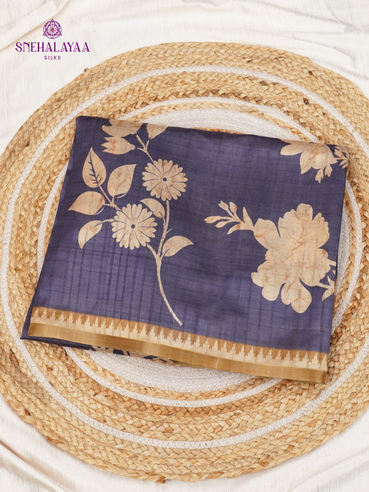 Navy Blue Floral Printed Tussar Saree