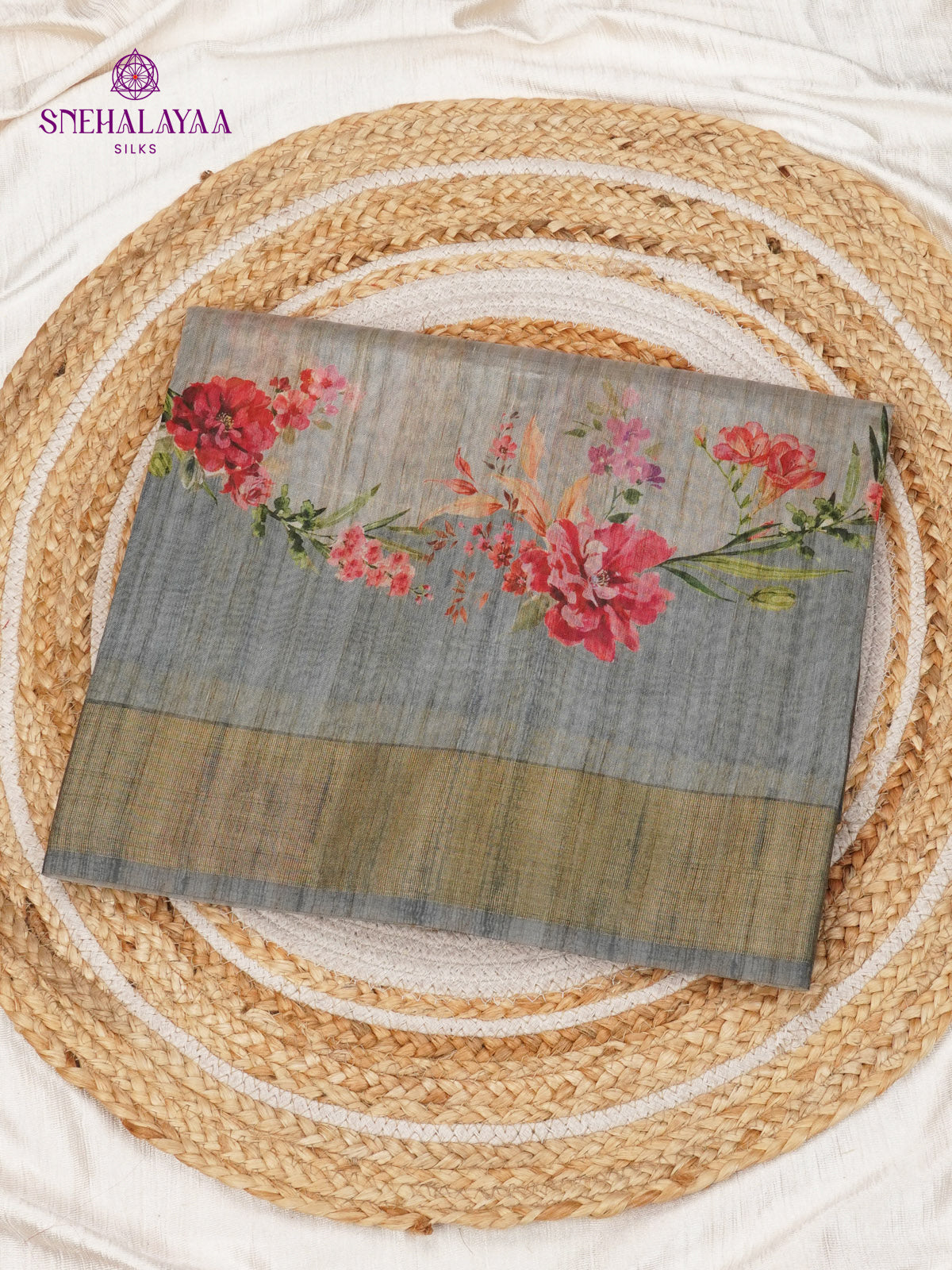 Grey Floral Printed Tussar Saree