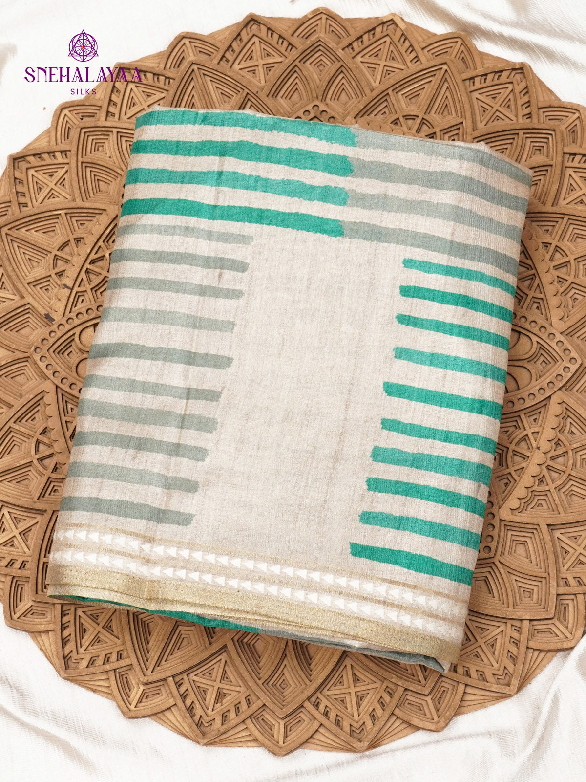 Off White Floral Printed Tussar Saree