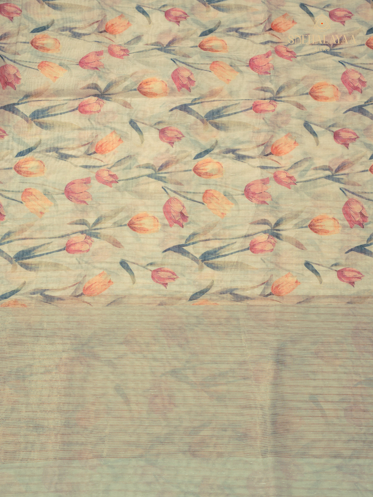 Cream Linen Floral Print Saree