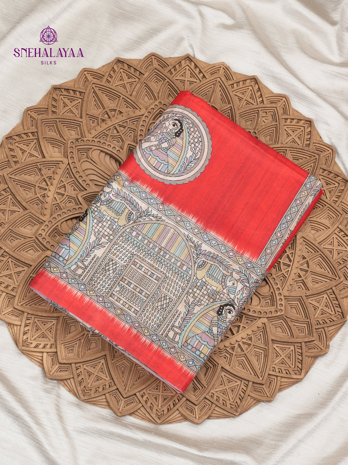 Coral Red Madhubani Printed Saree