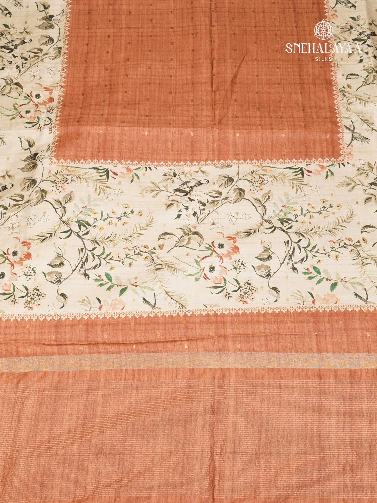 Orange Floral Printed Tussar Saree