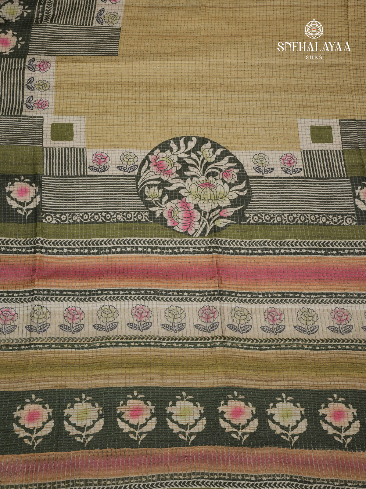 Olive Green Floral Printed Tussar Saree