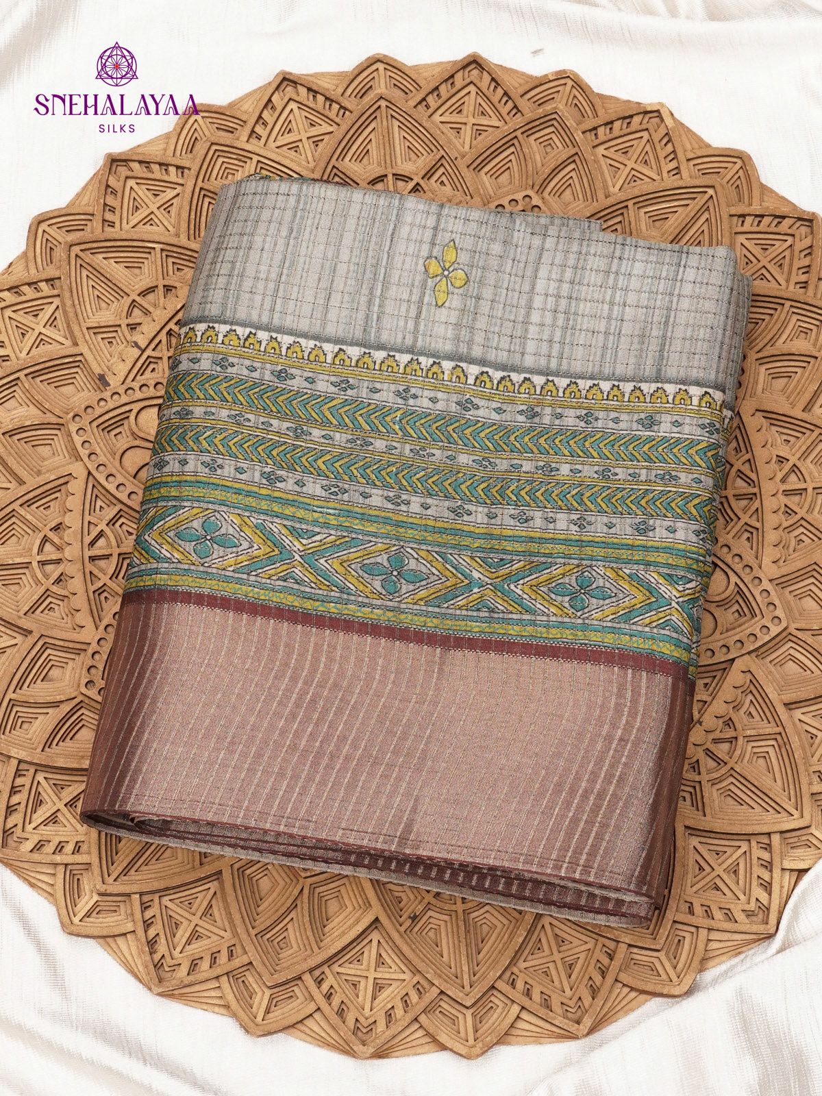 Grey Floral Printed Tussar Saree