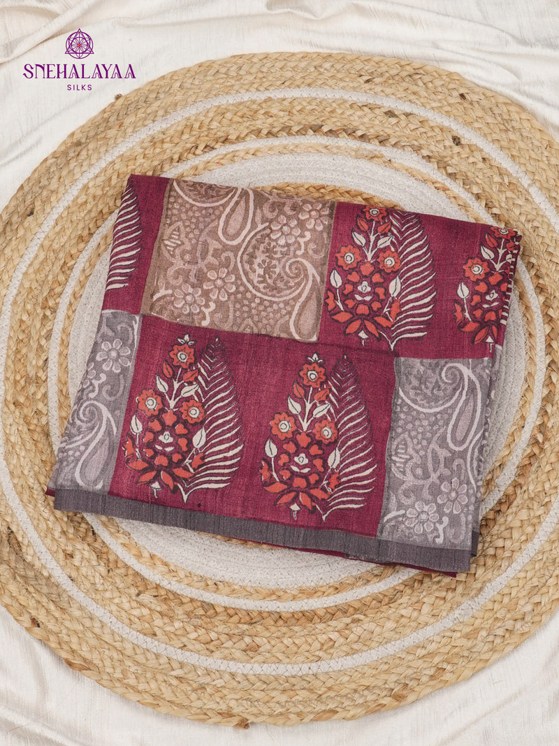Burdundy Floral Printed Tussar Saree