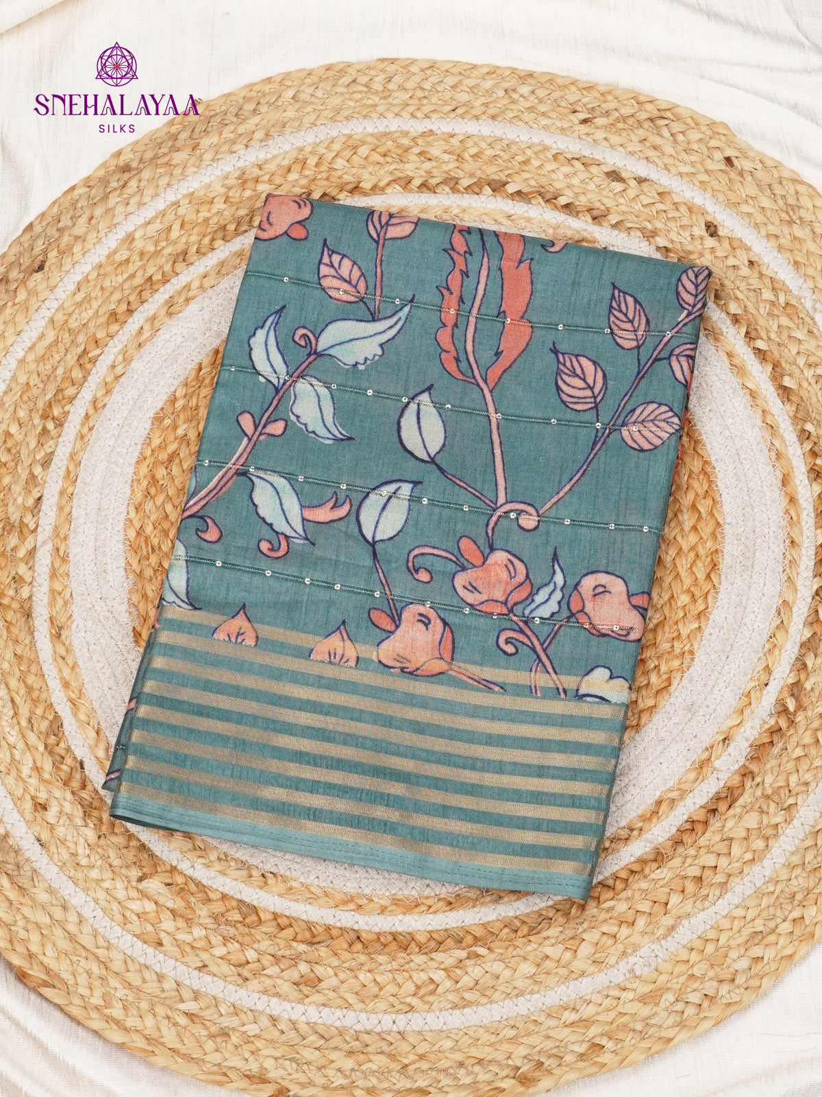 Teal Blue Floral Printed Tussar Saree