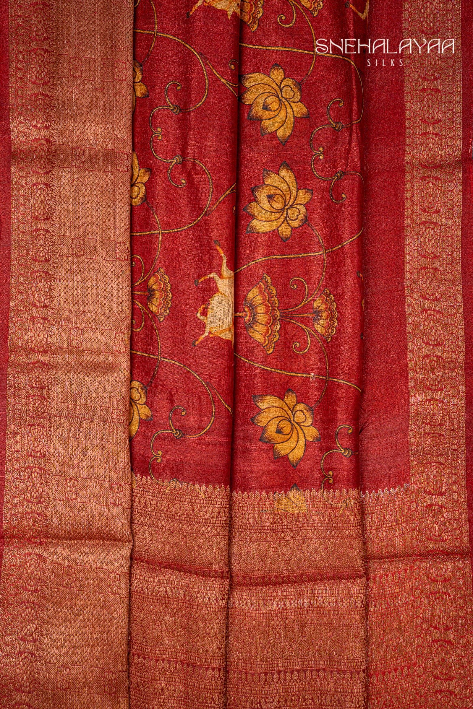 Crimson Red Printed Jute Tussar Saree