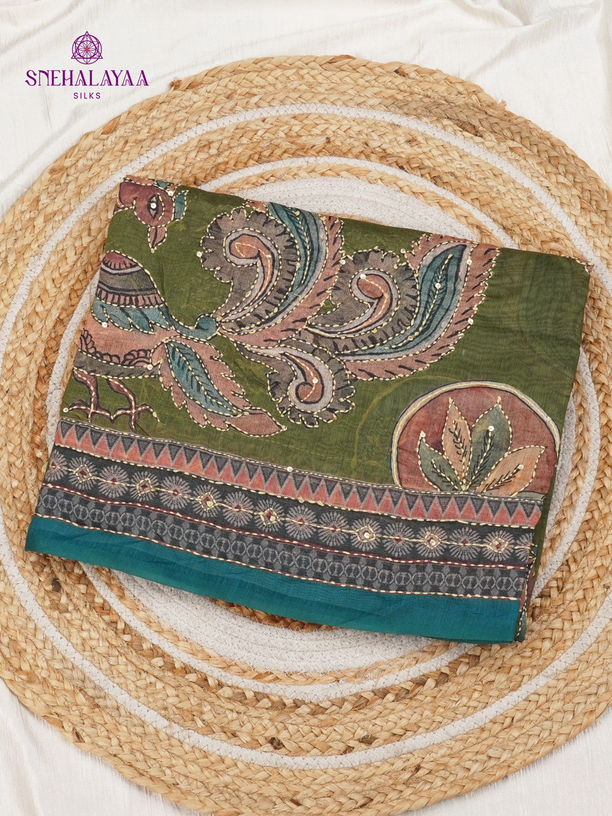 Olive Green Linen Embroidery Saree