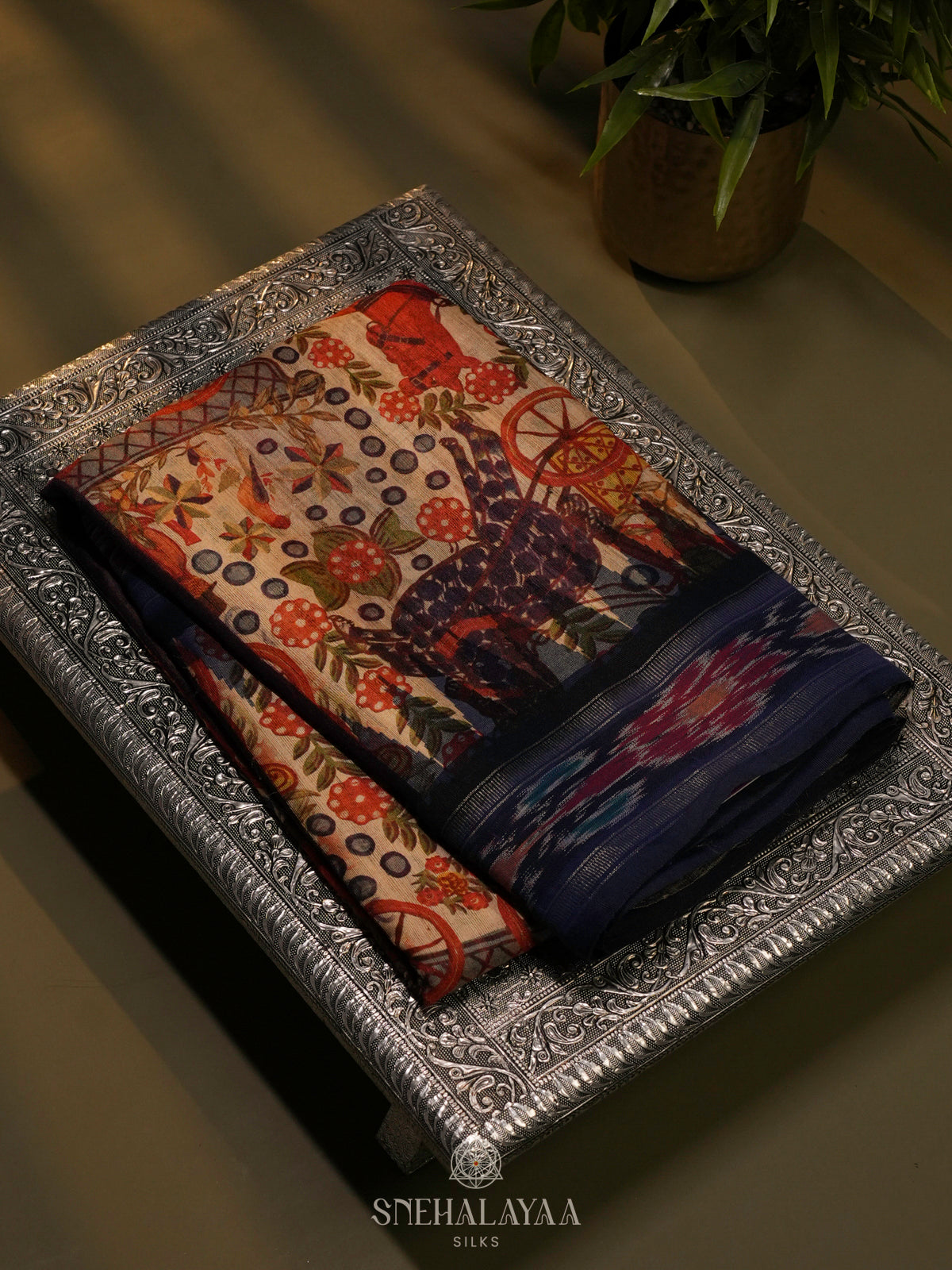 Beige Munga Tussar Saree with Navy Blue Border