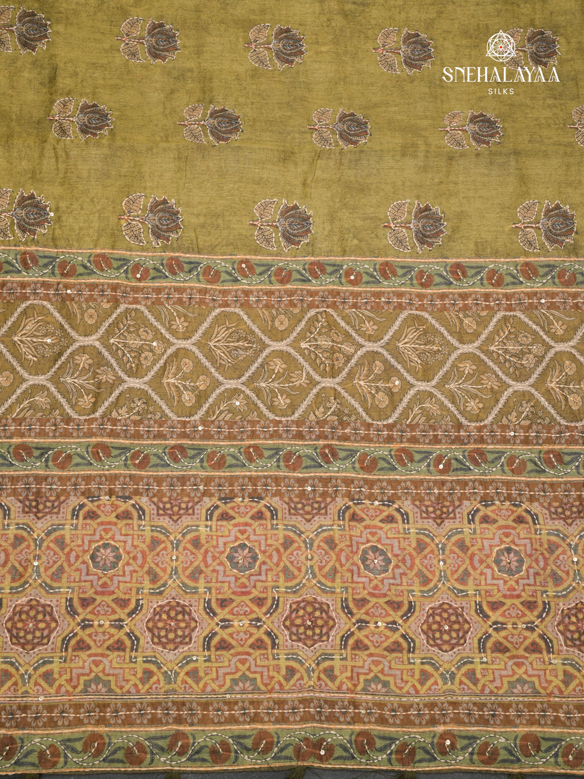 Olive Green Linen Embroidery Saree