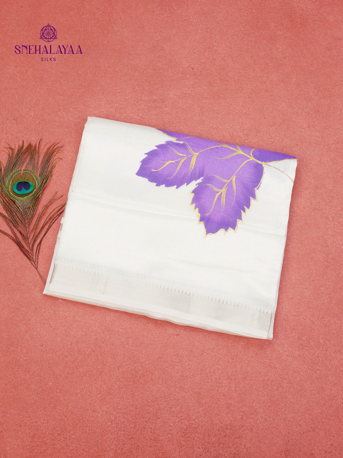 Off White Mangalagiri Silk Cotton Saree with Hand Painted Violet Leaf Motifs