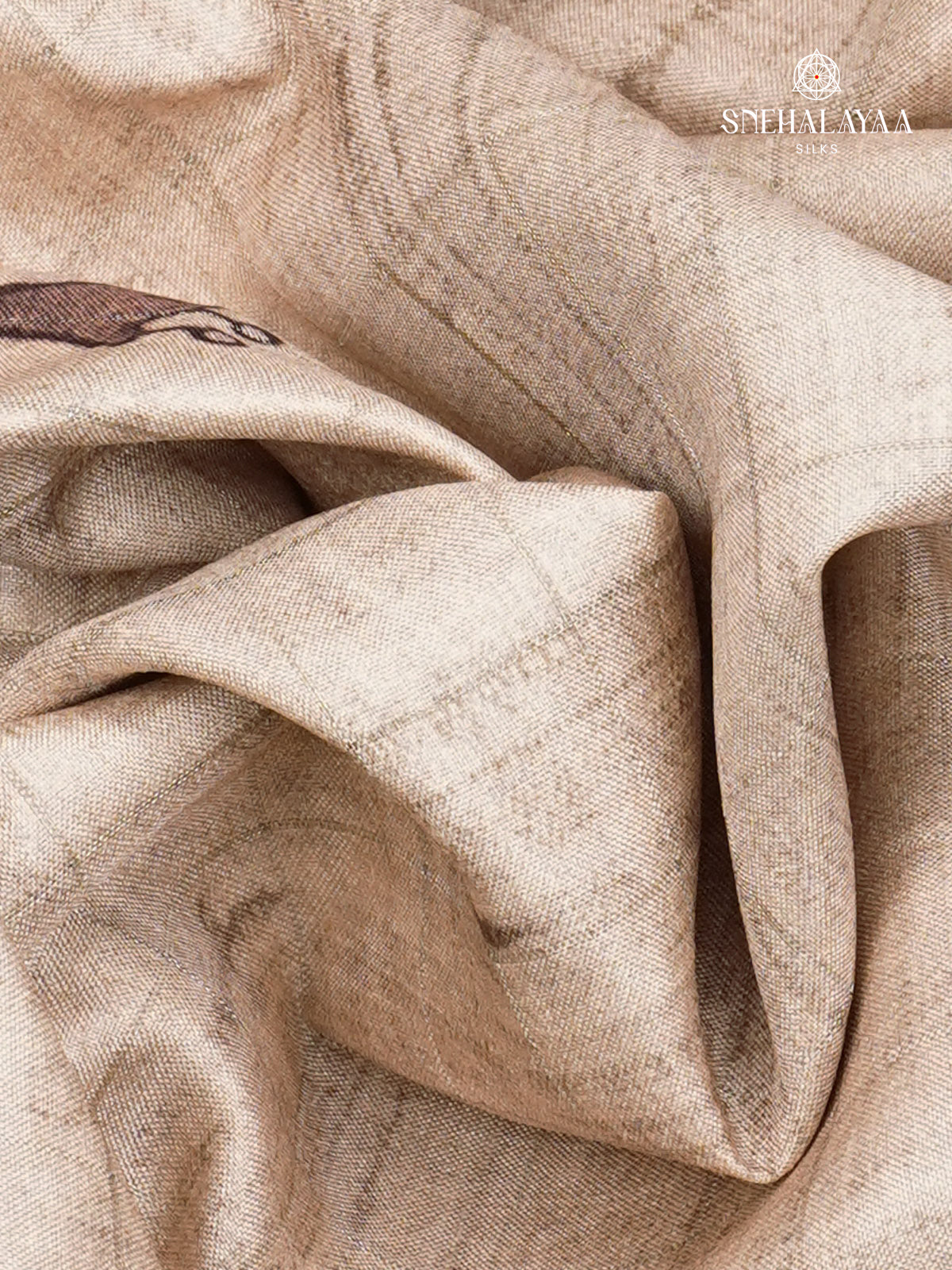 Beige With Brown Border Floral Printed Tussar Saree