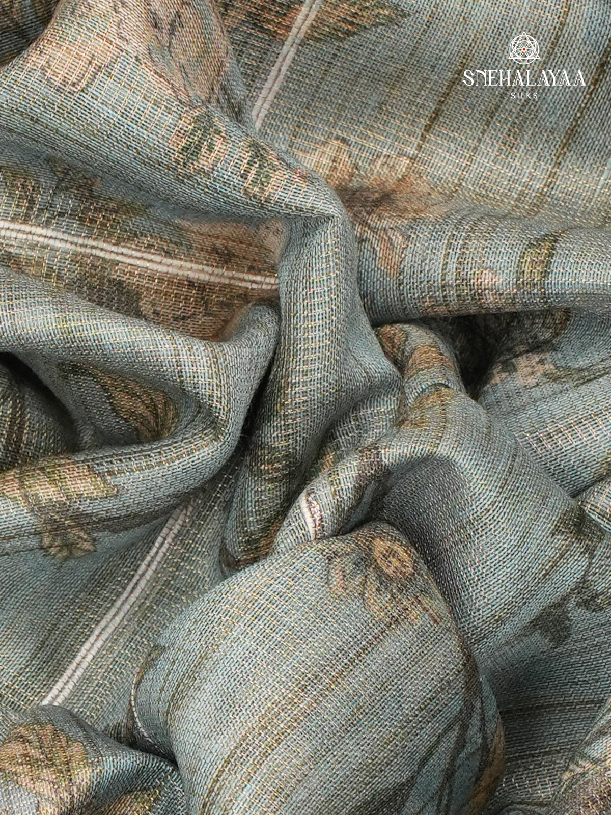 SeaFoam Blue Floral Printed Tussar Saree