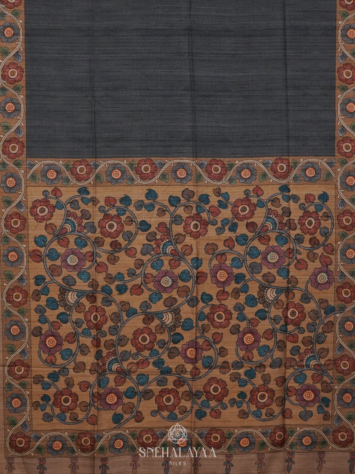 Grey with Floral Border Tussar Saree