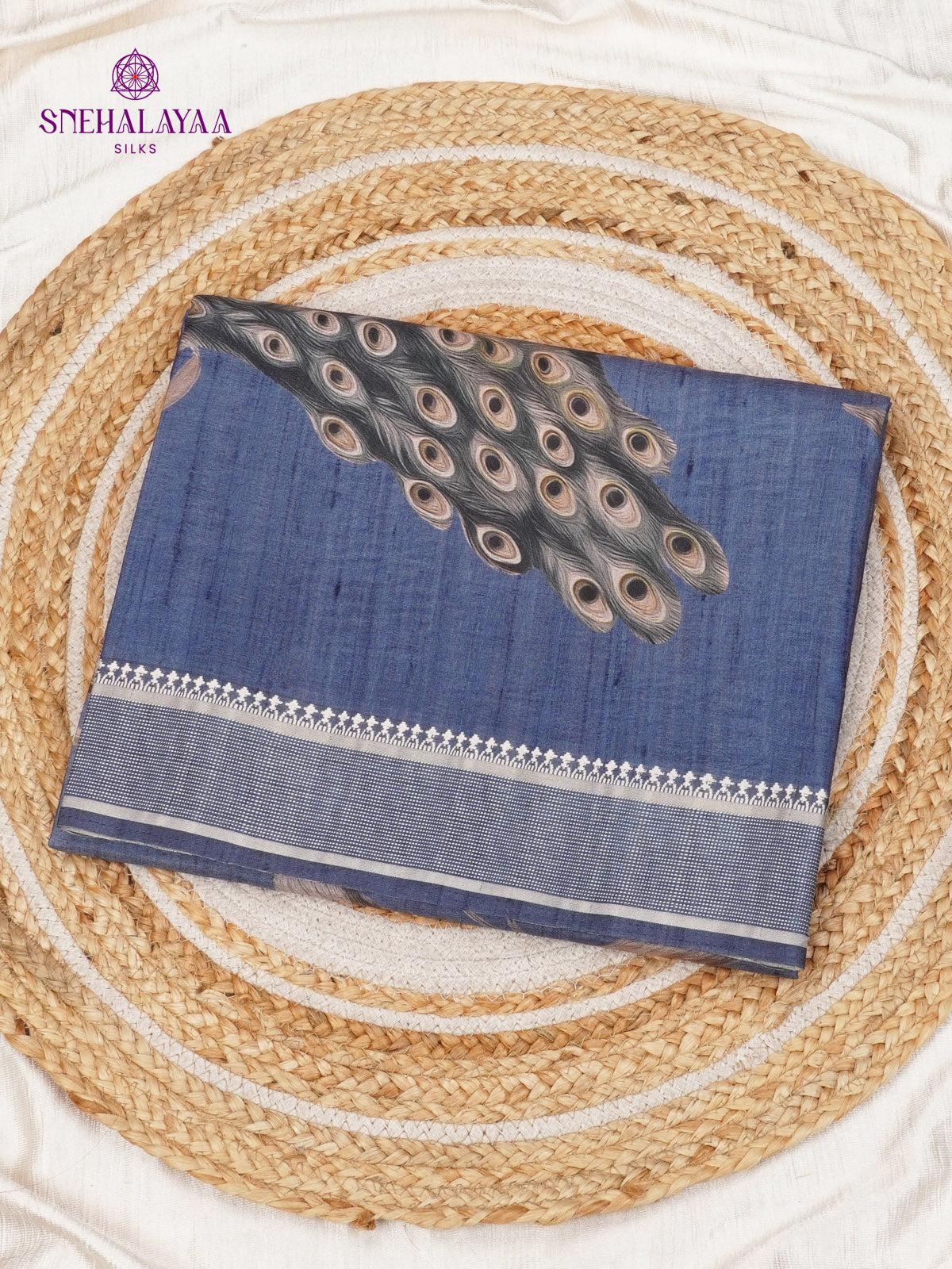 Blue Floral Printed Tussar Saree