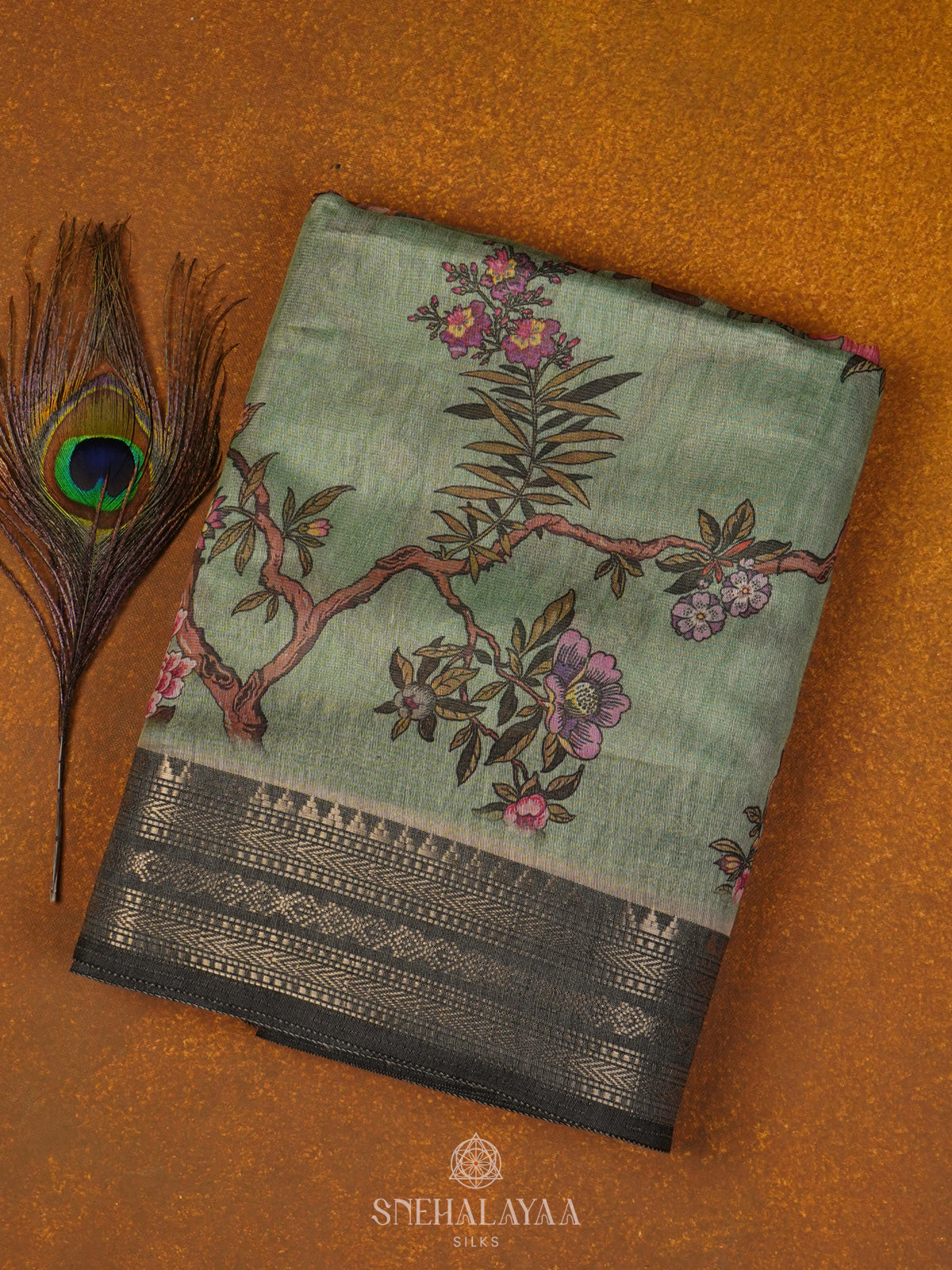 Pale Green Printed Linen Saree