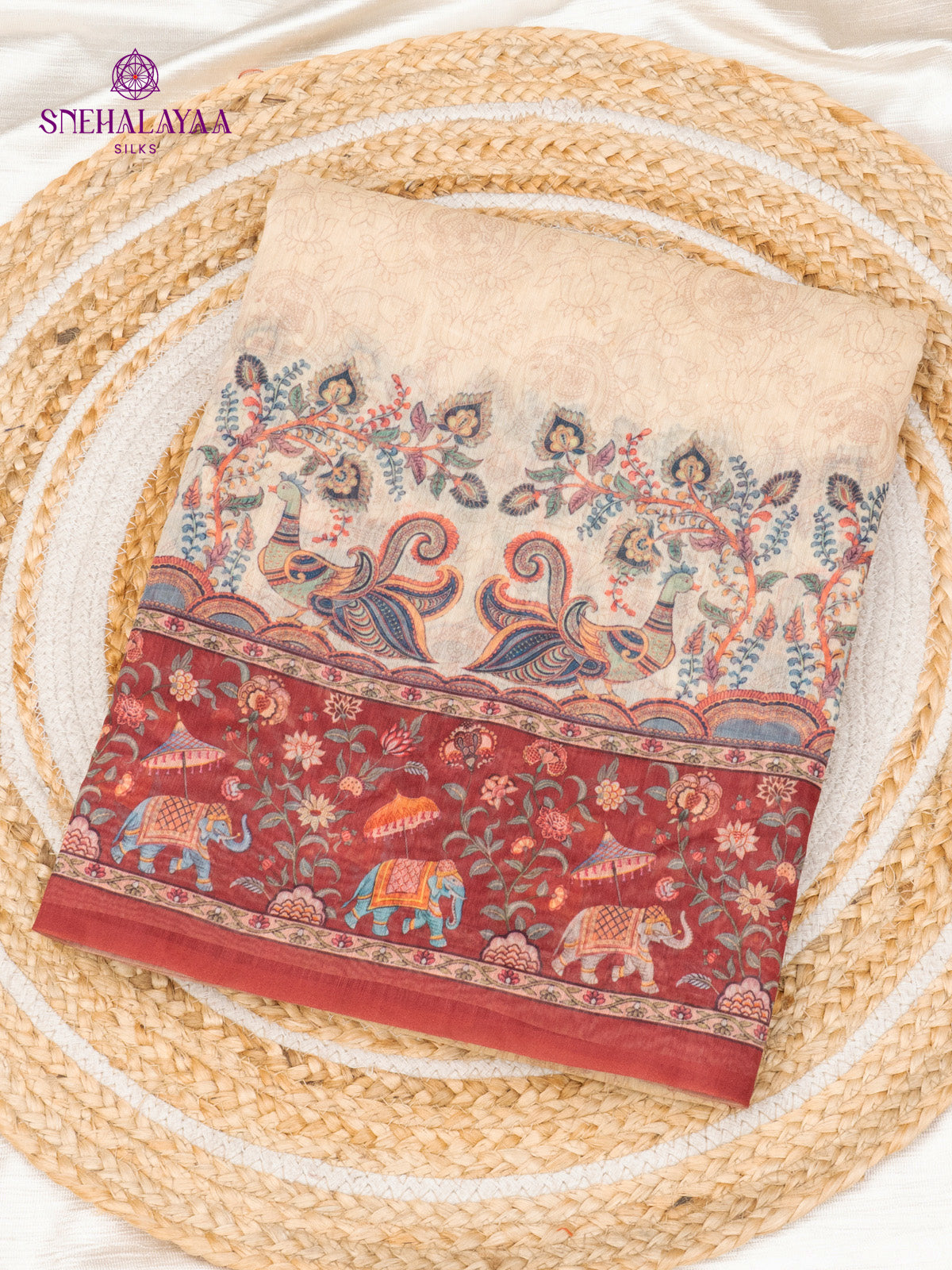 Cream With Maroon Border Linen Saree