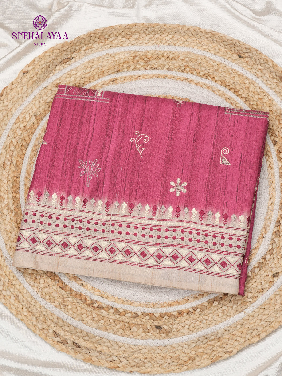 Pink Tussar Embroidery Saree