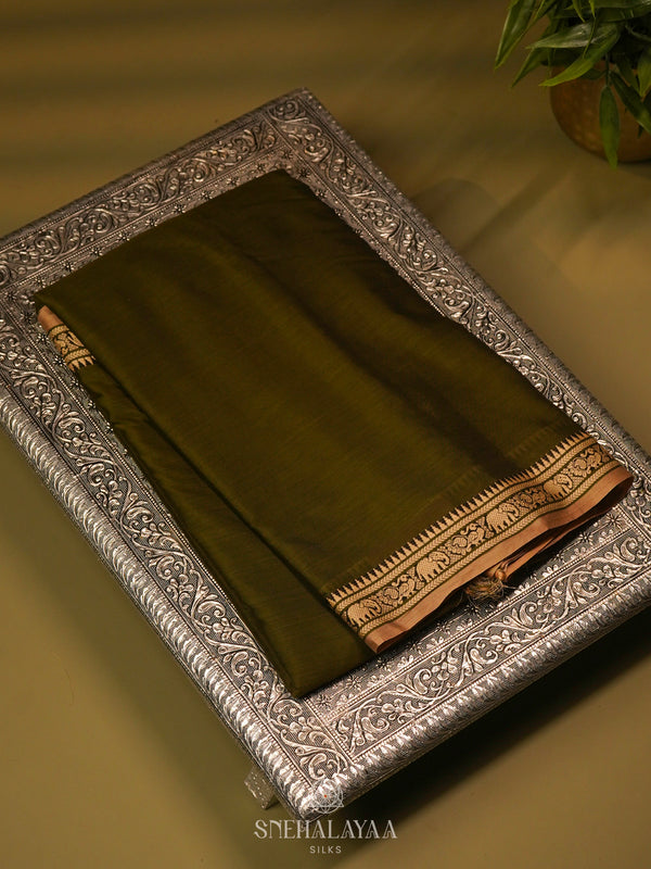 Olive Green Narayanpet Cotton Saree without Blouse