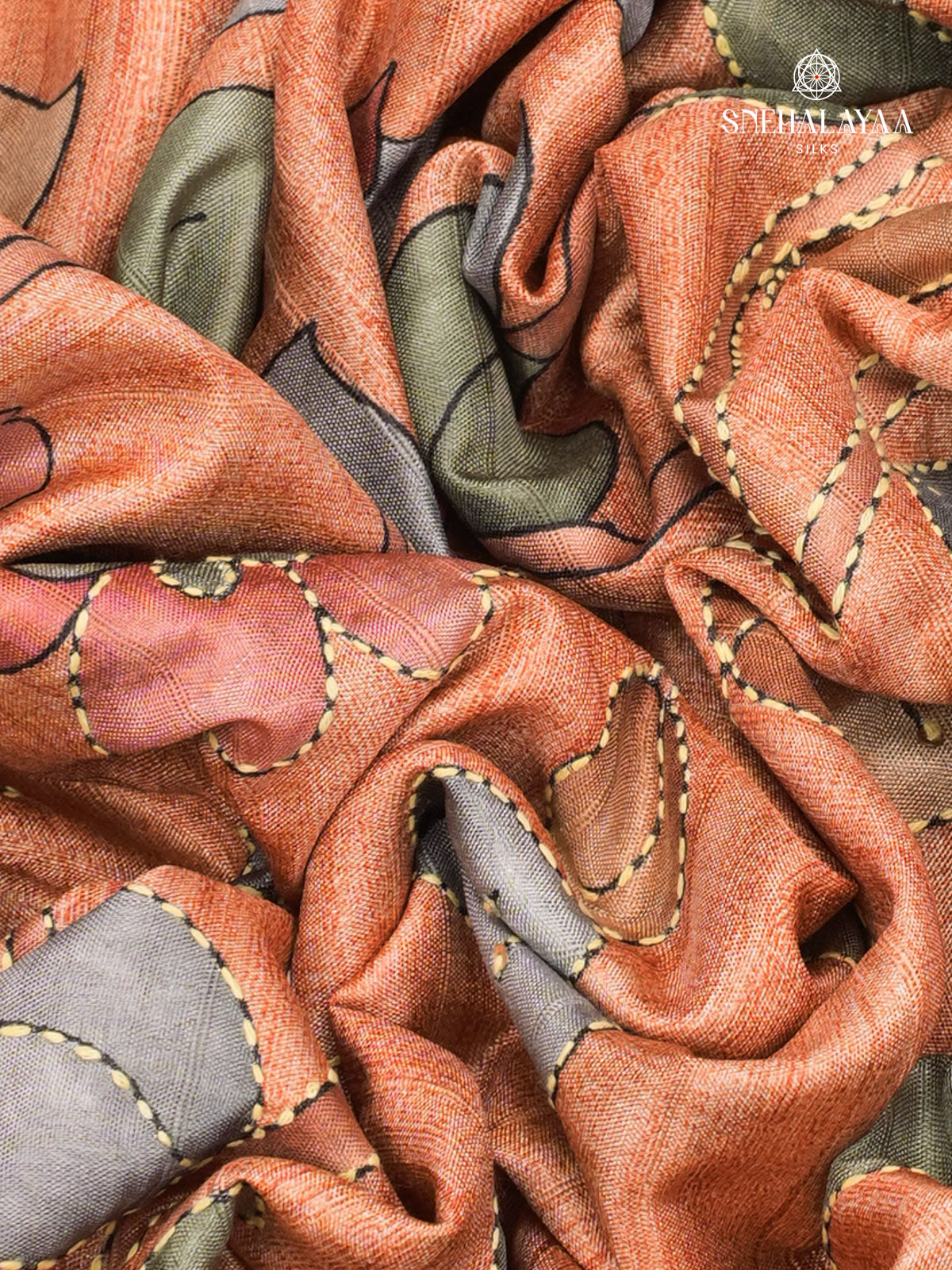 Orange Tussar Embroidery Saree