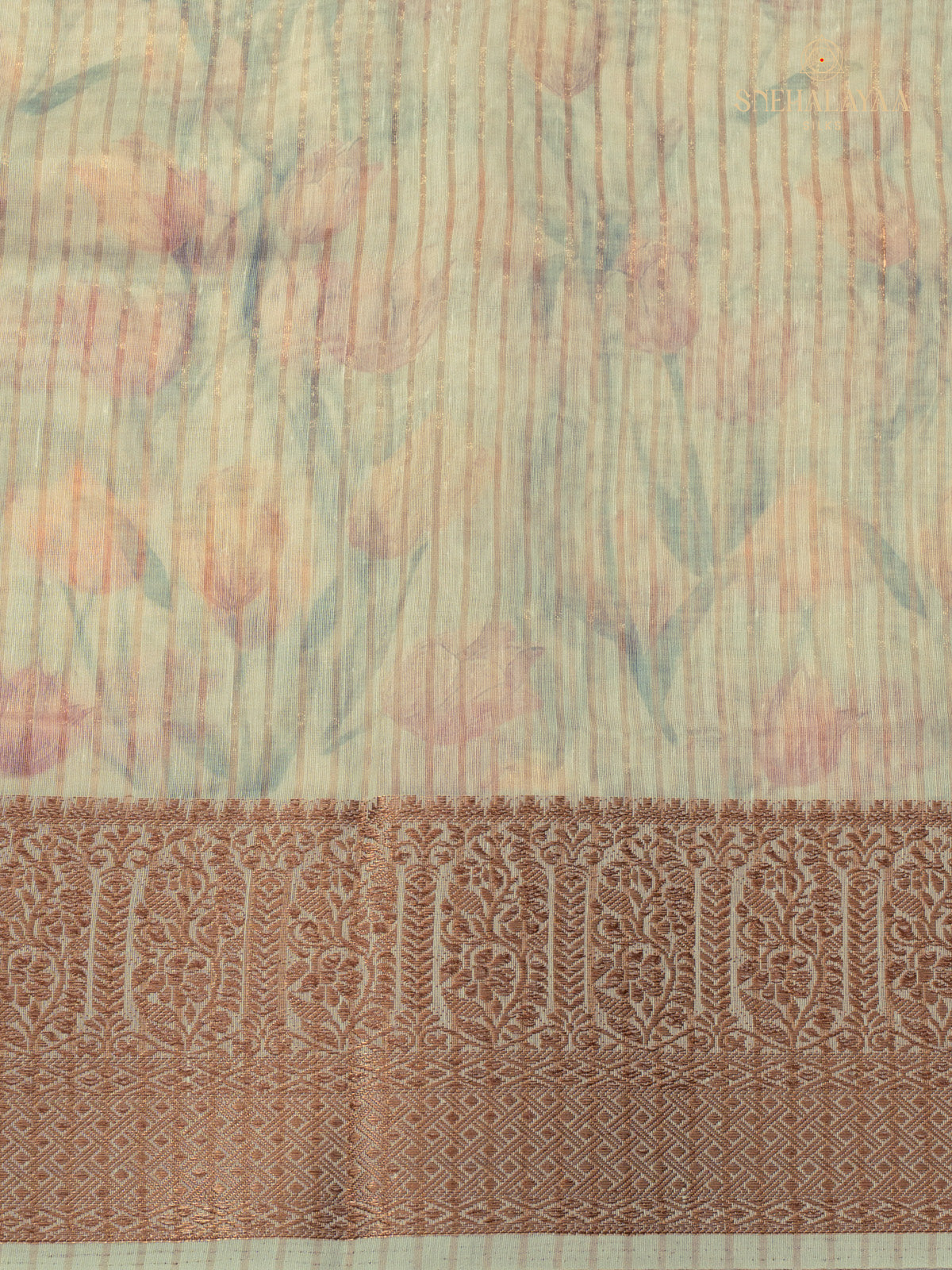 Cream Linen Floral Print Saree