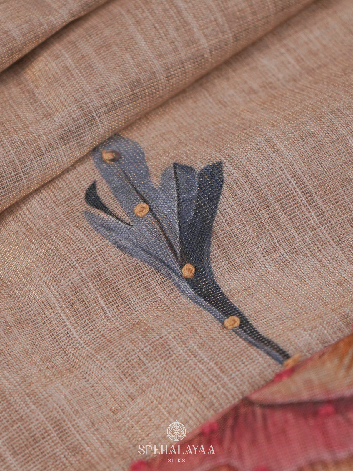 Beige Linen Embroidery Saree