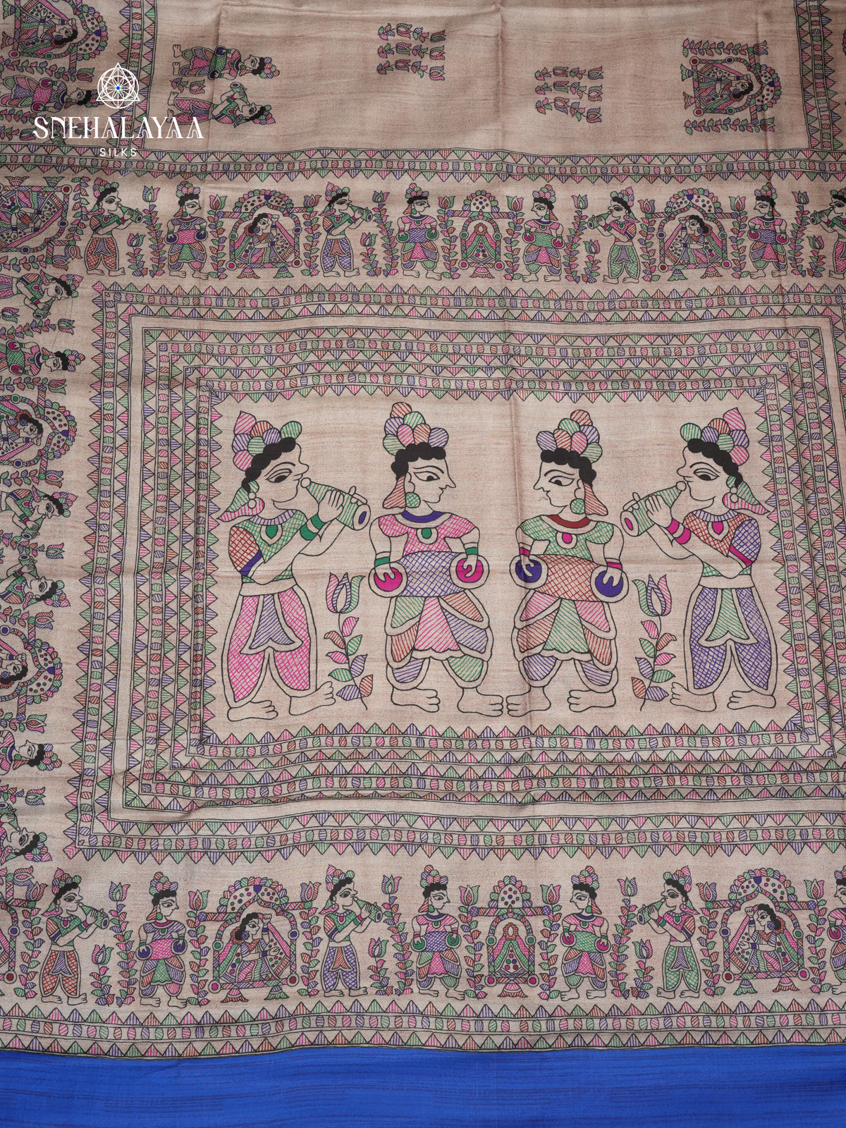 Beige With Blue Border Madhubani Saree