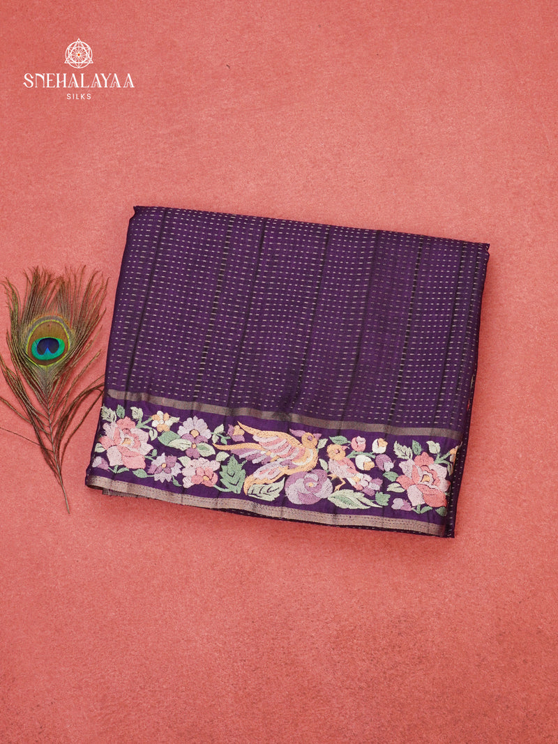 Navy Blue Munga Tussar Embroidery Saree