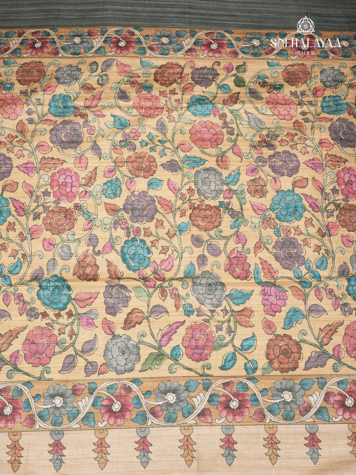 Grey Floral Printed Tussar Saree