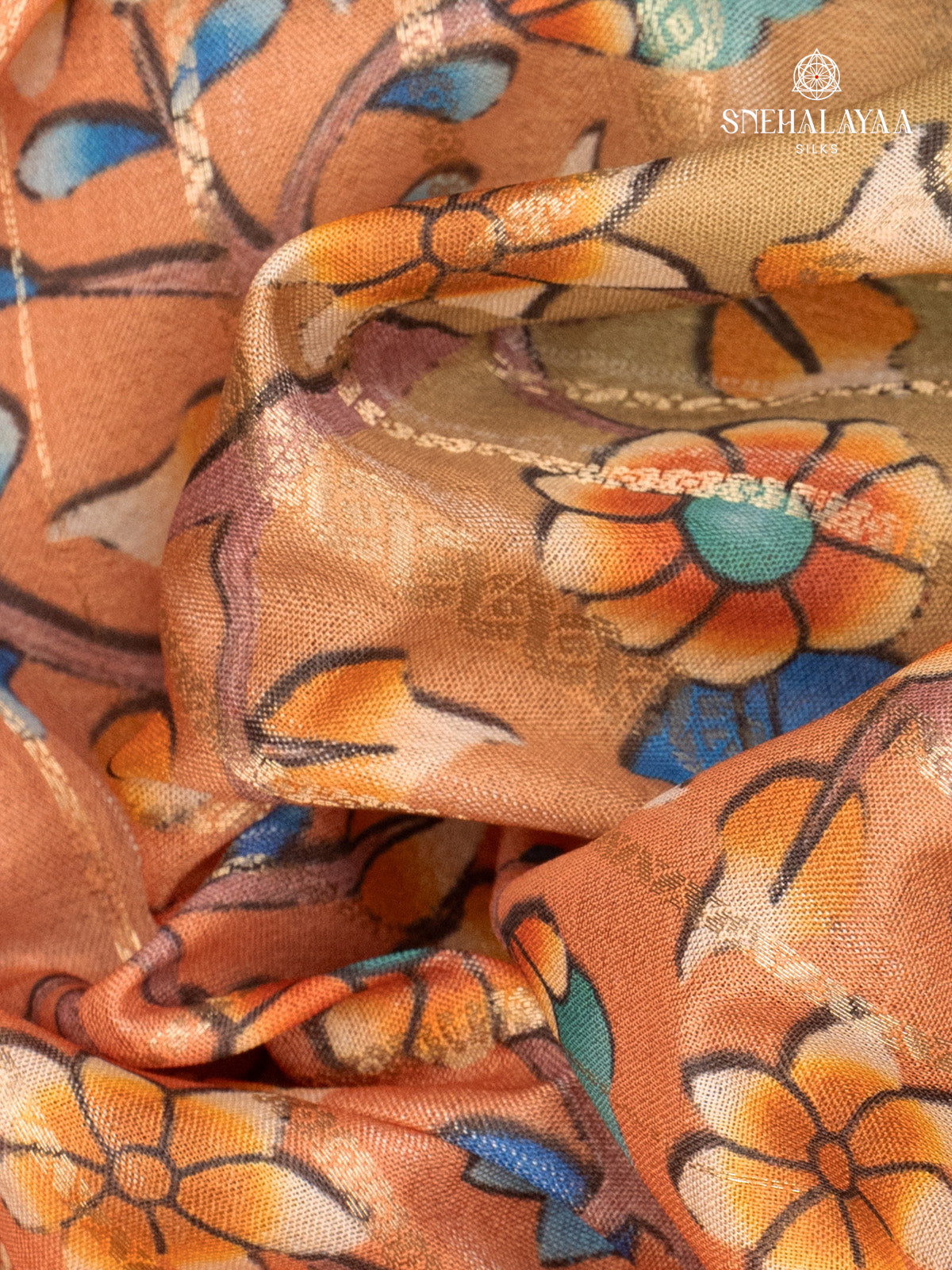 Mustard Orange Printed Mysore Silk Saree