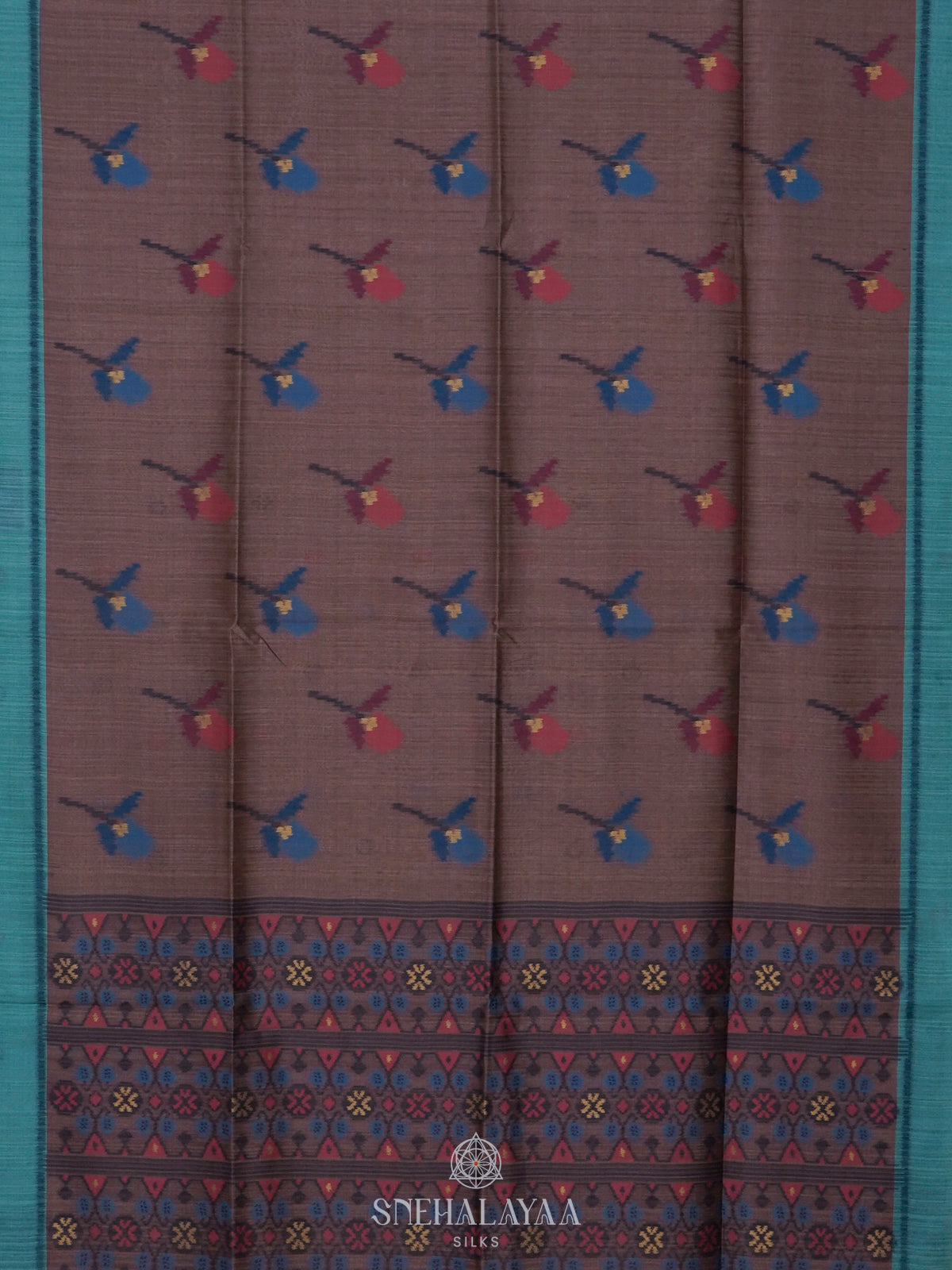 Brown Floral Printed Tussar Saree