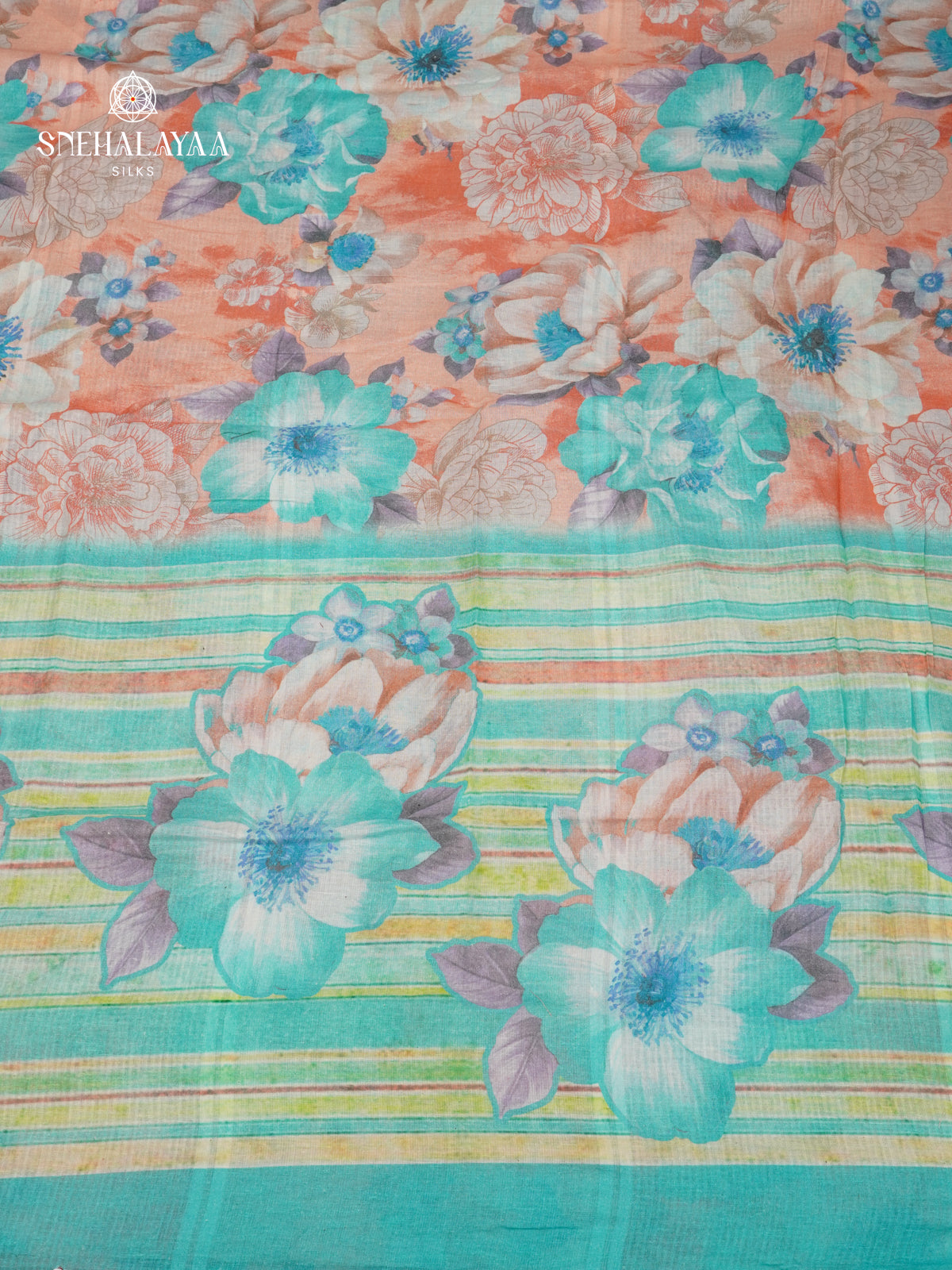 Sky Blue Printed Linen Cotton Saree