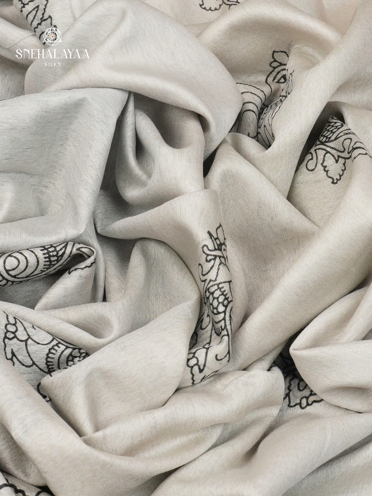 Light Grey Kalamkari Saree with Teal Blue Woven Border