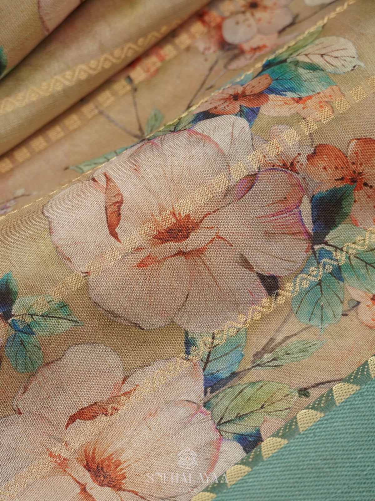 Pale Yellow Floral Printed Tussar Saree