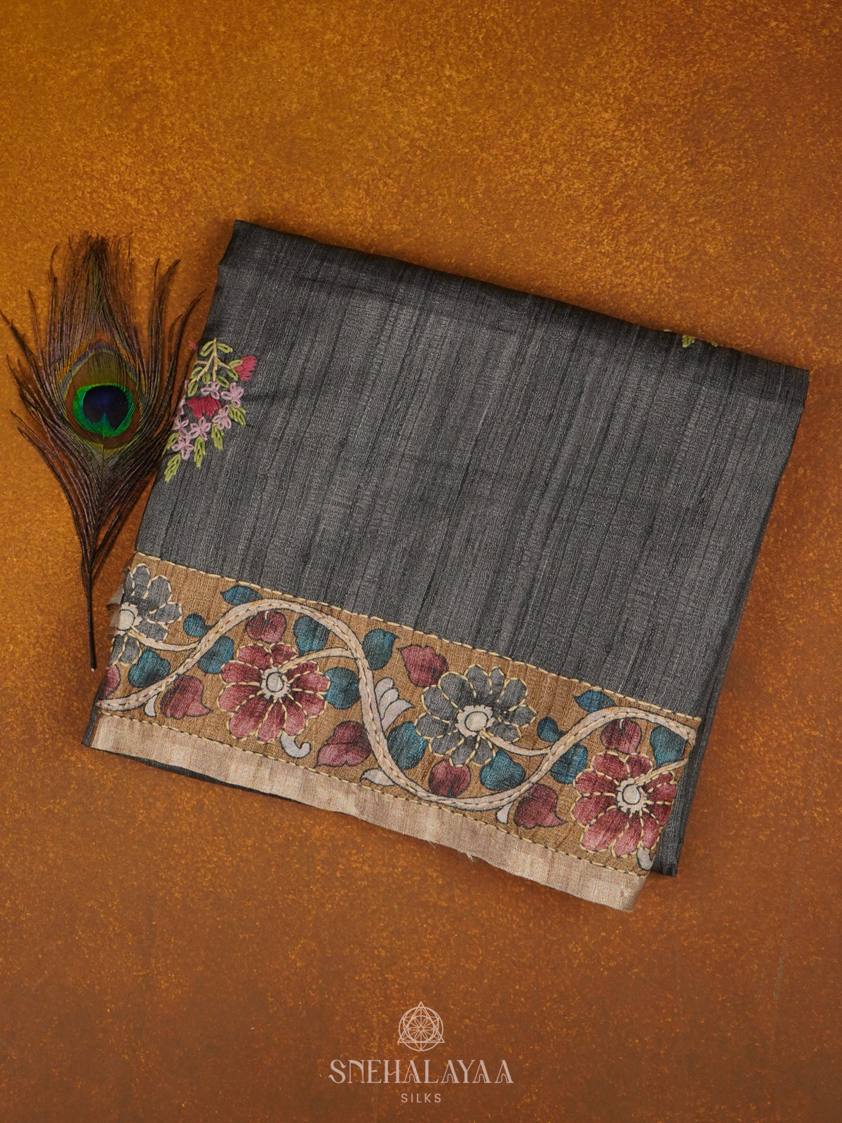 Grey Tussar Embroidery Saree
