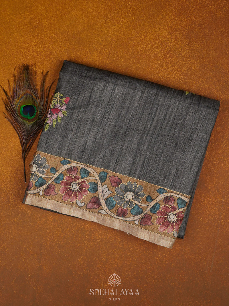 Grey Tussar Embroidery Saree