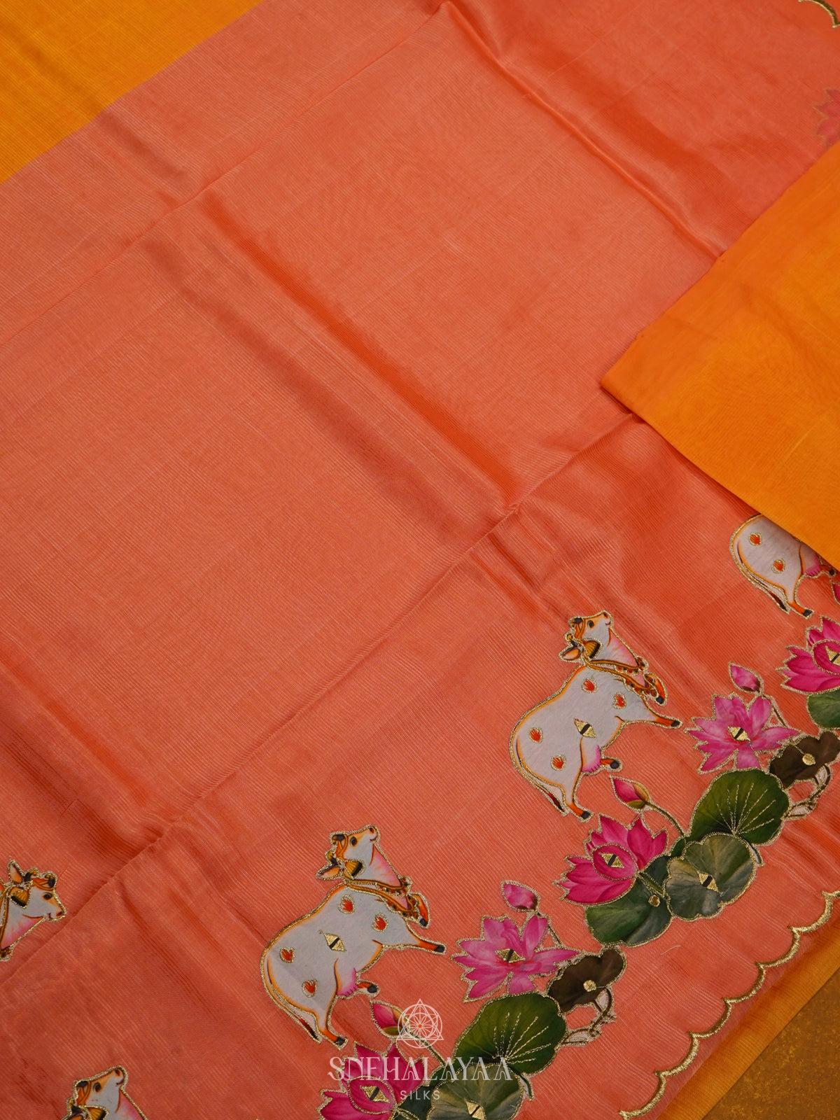 Orange Mangalgiri Silk Embroidery Saree
