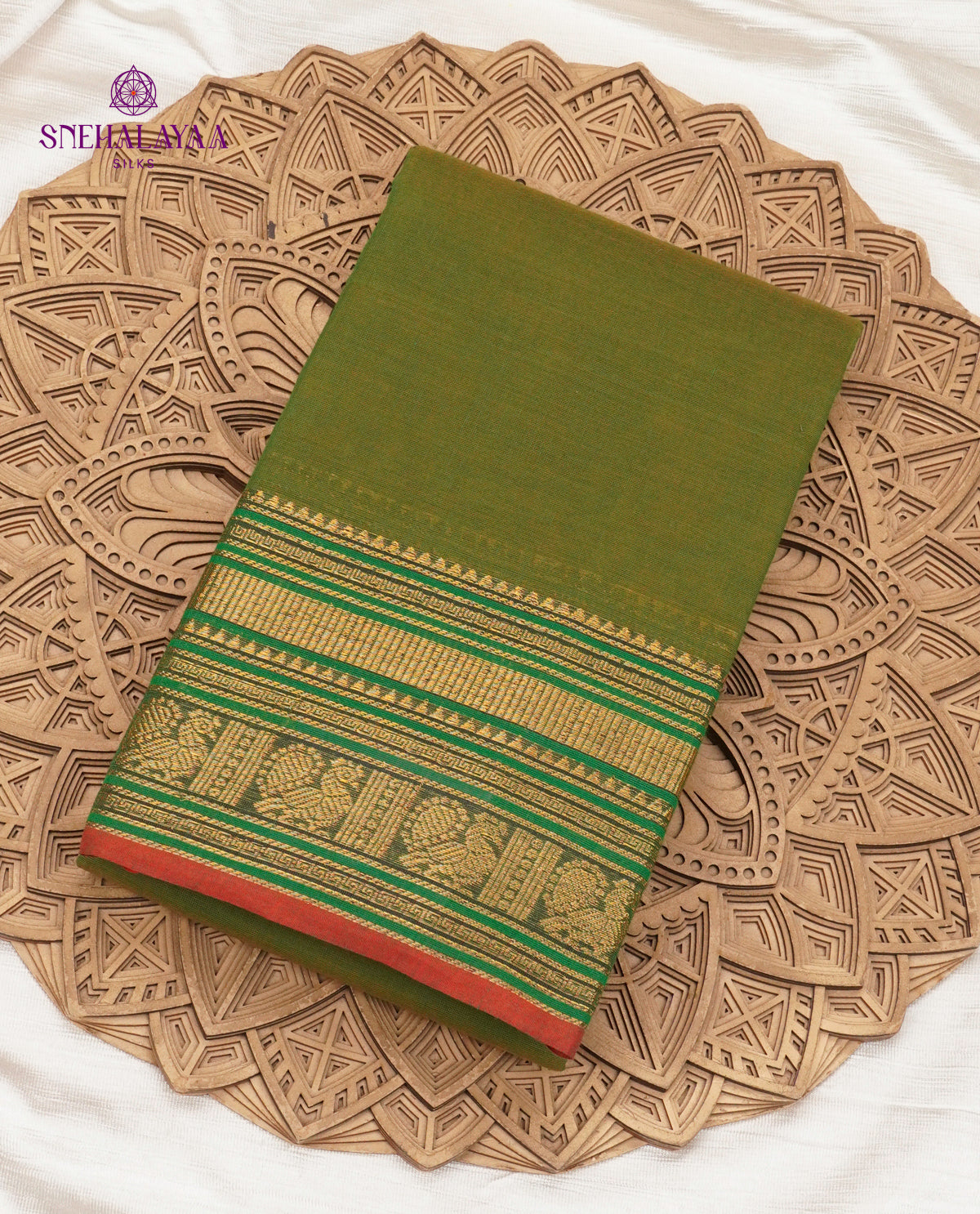 Olive Green Kanchi Cotton Saree with Green Zari Border and Red Edge