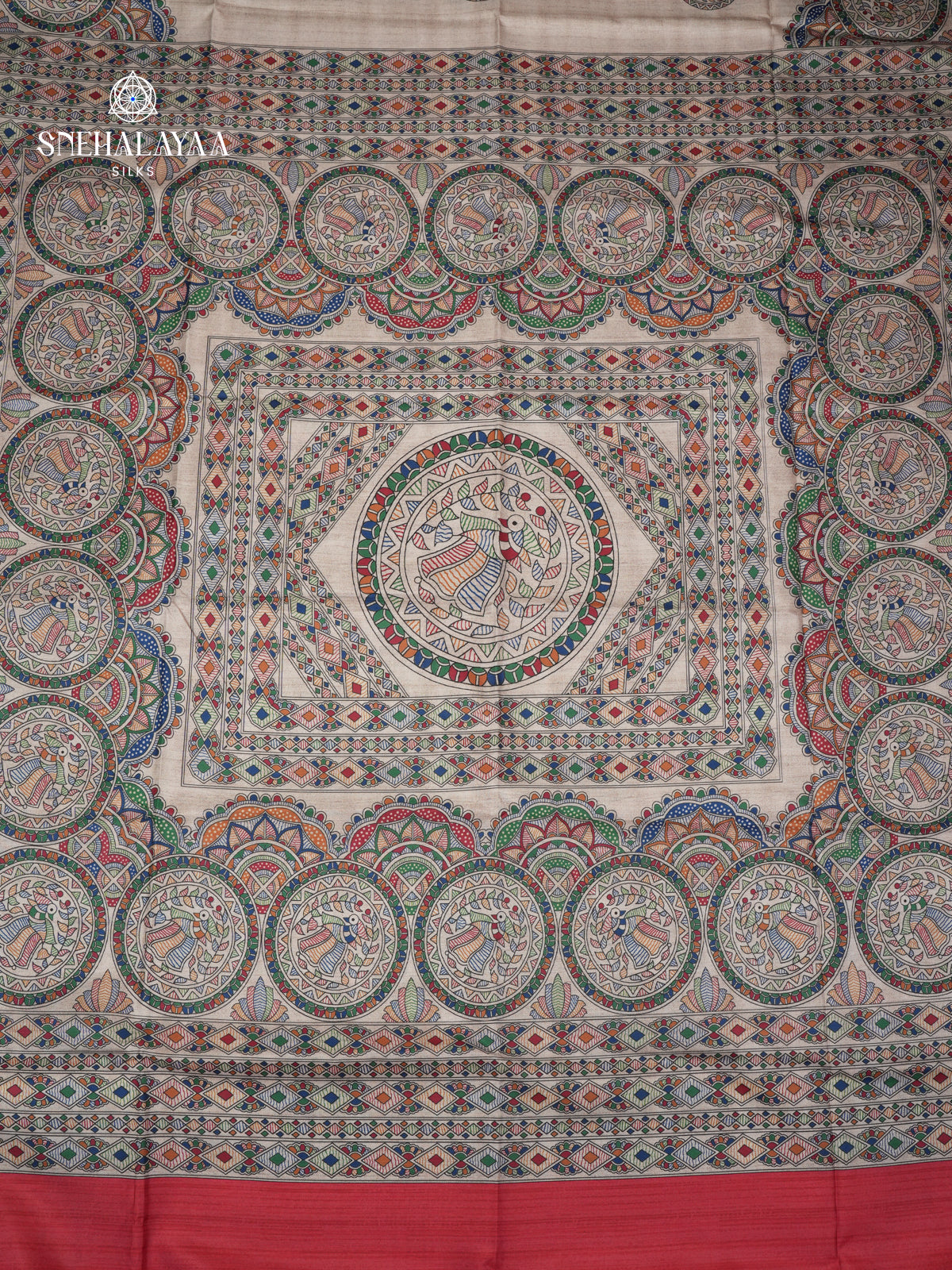 Beige With Red Border Madhubani Saree