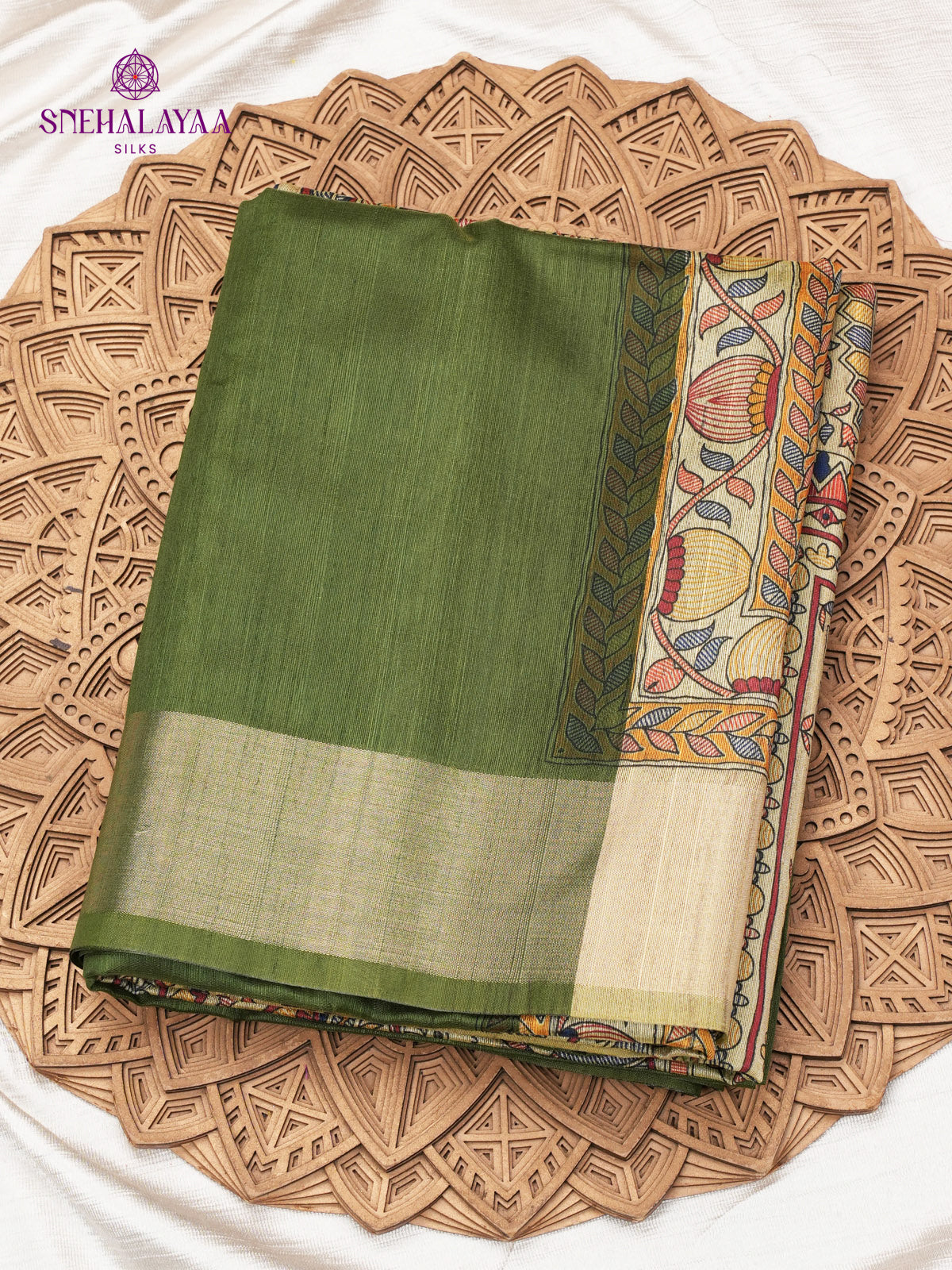 Olive Green Madhubani Printed Saree