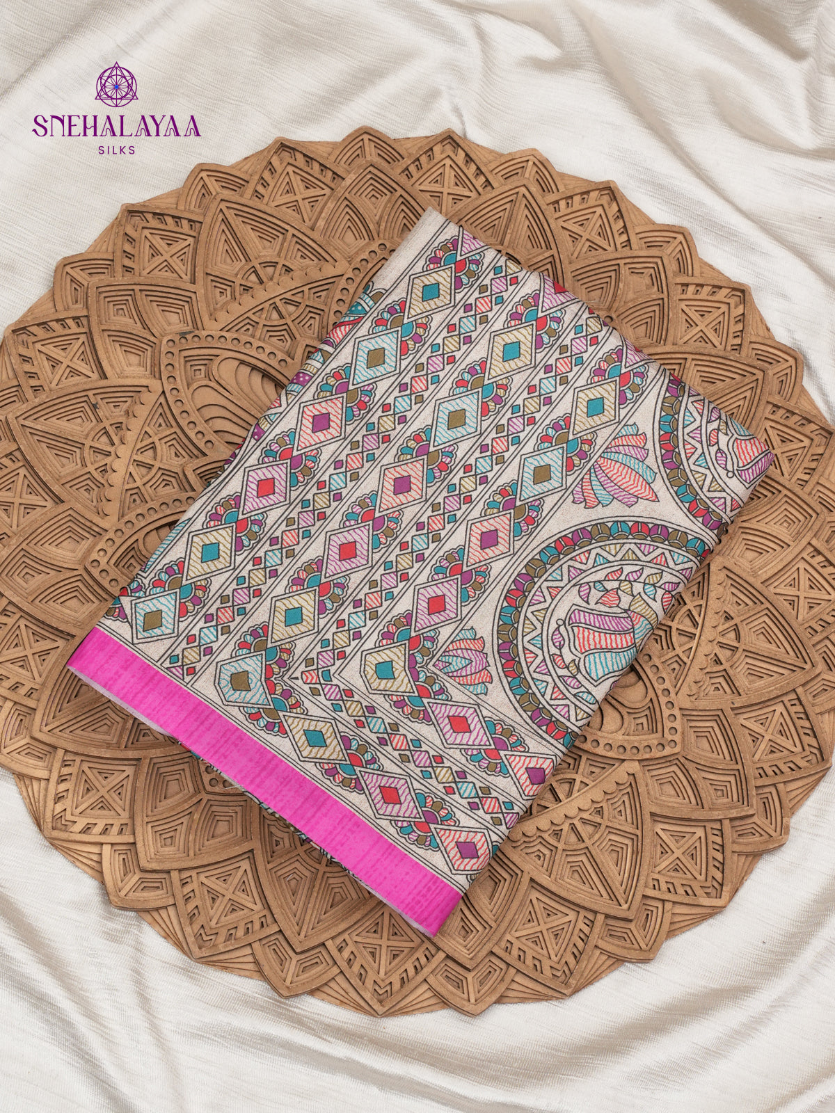 Beige With Pink Border Madhubani Saree