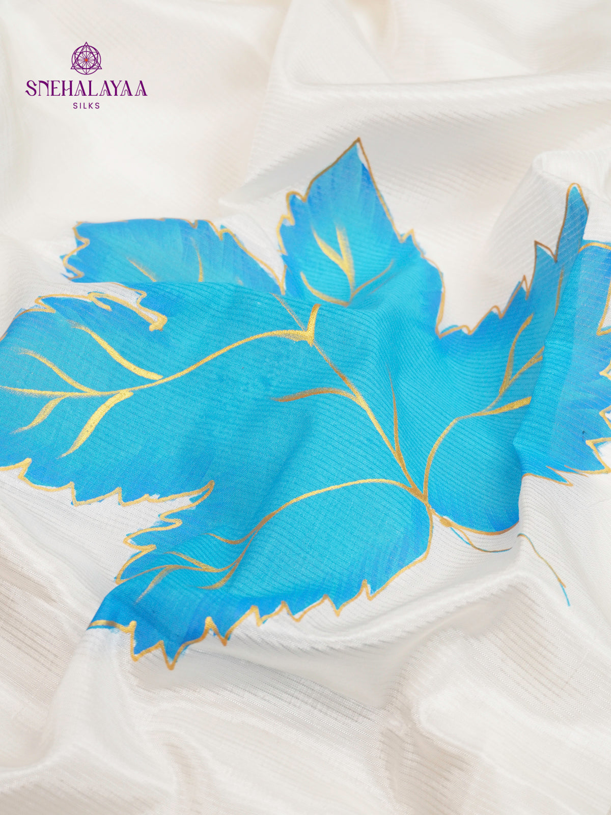 Off White Mangalagiri Silk Cotton Saree with Hand Painted Sky Blue Leaf Motifs