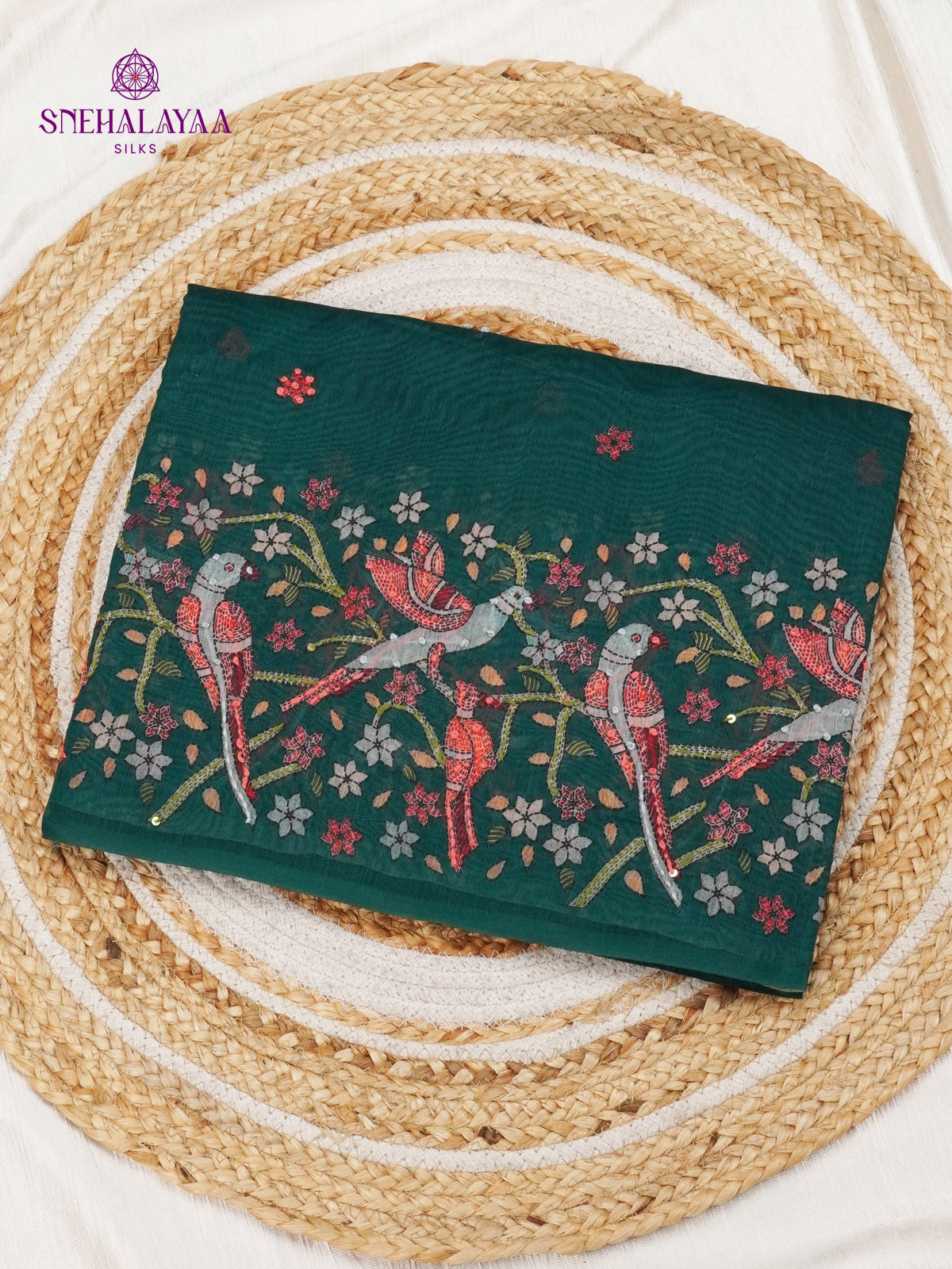 Teal Green Linen Embroidery Saree