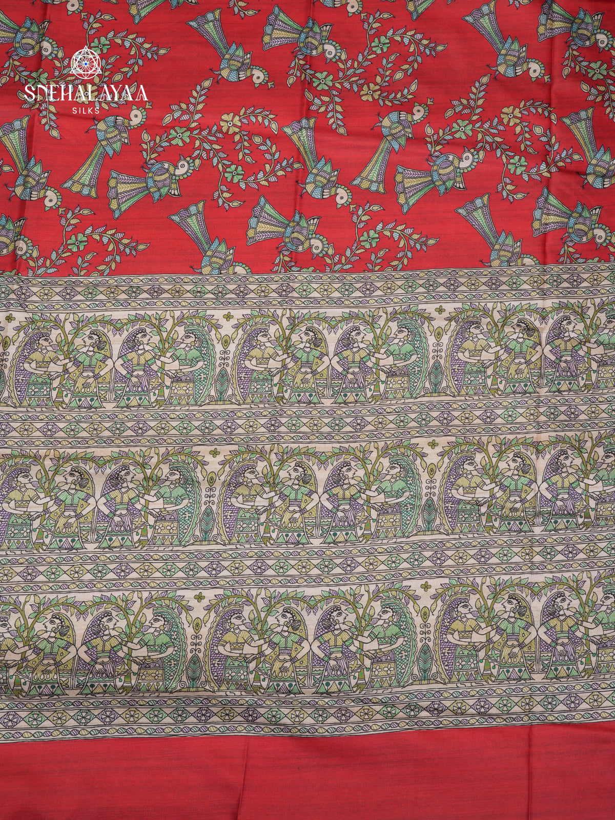 Red Madhubani Printed Saree