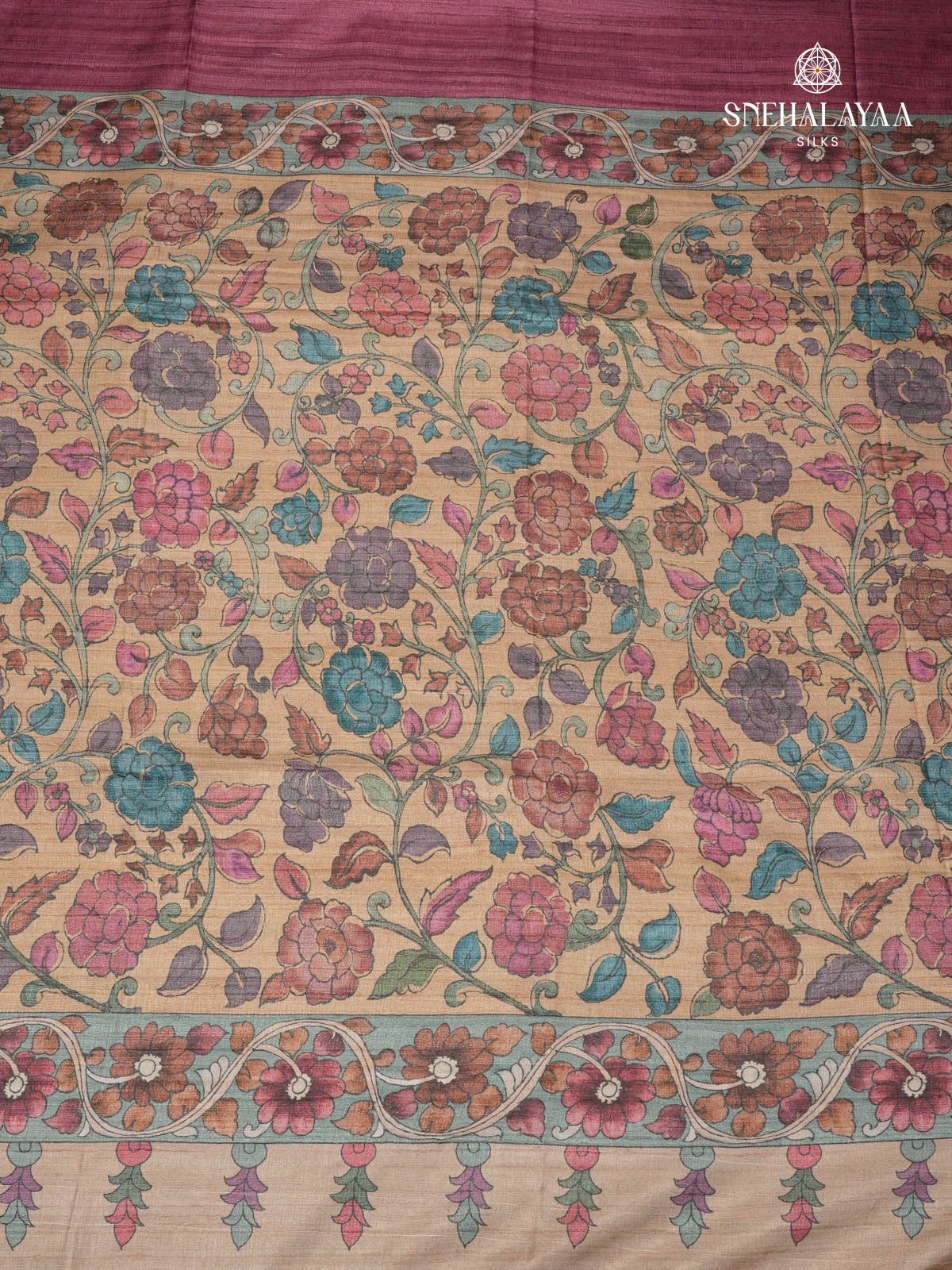 Magenta Floral Printed Tussar Saree