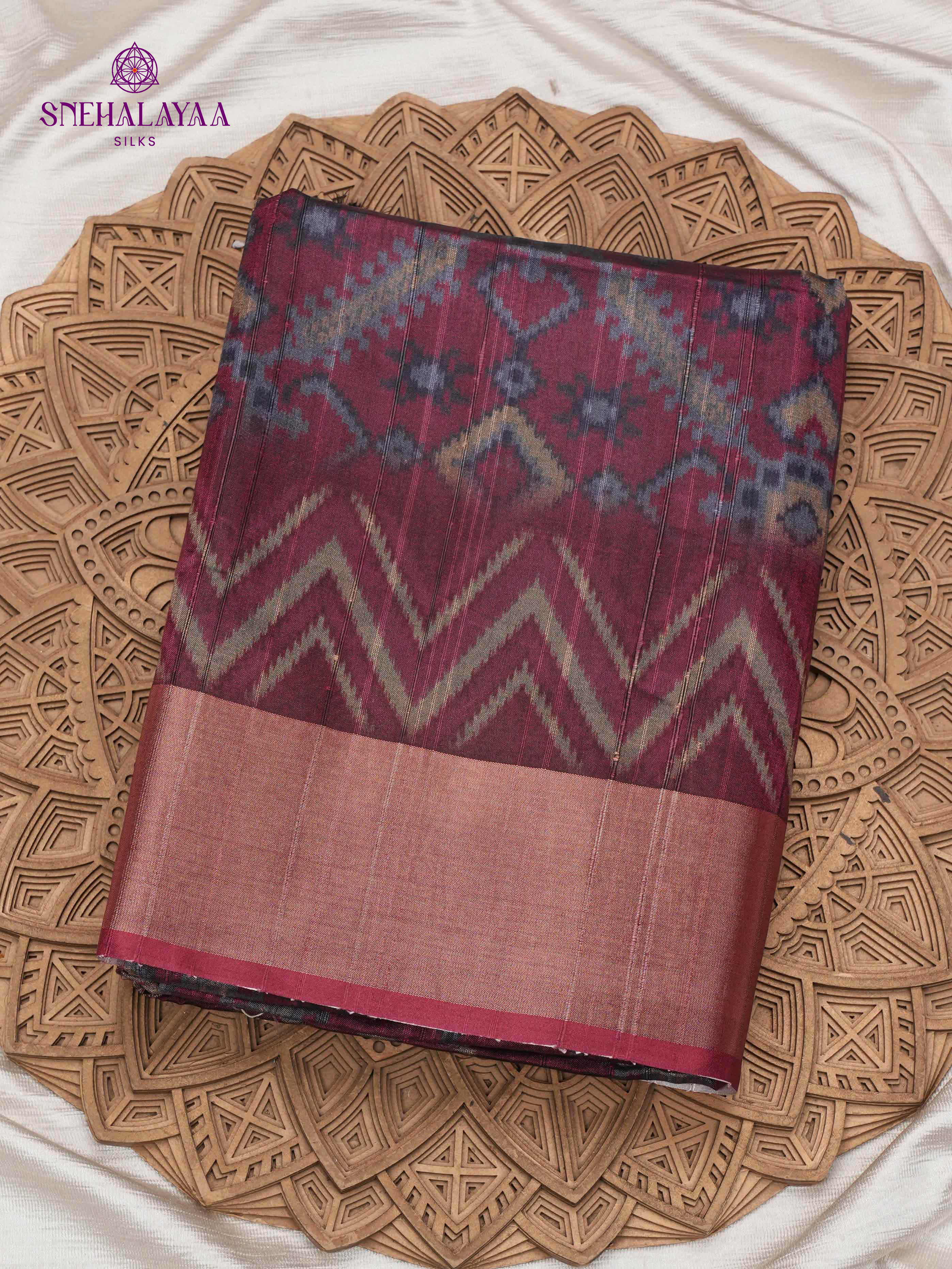 Wine Red Printed Tussar Saree