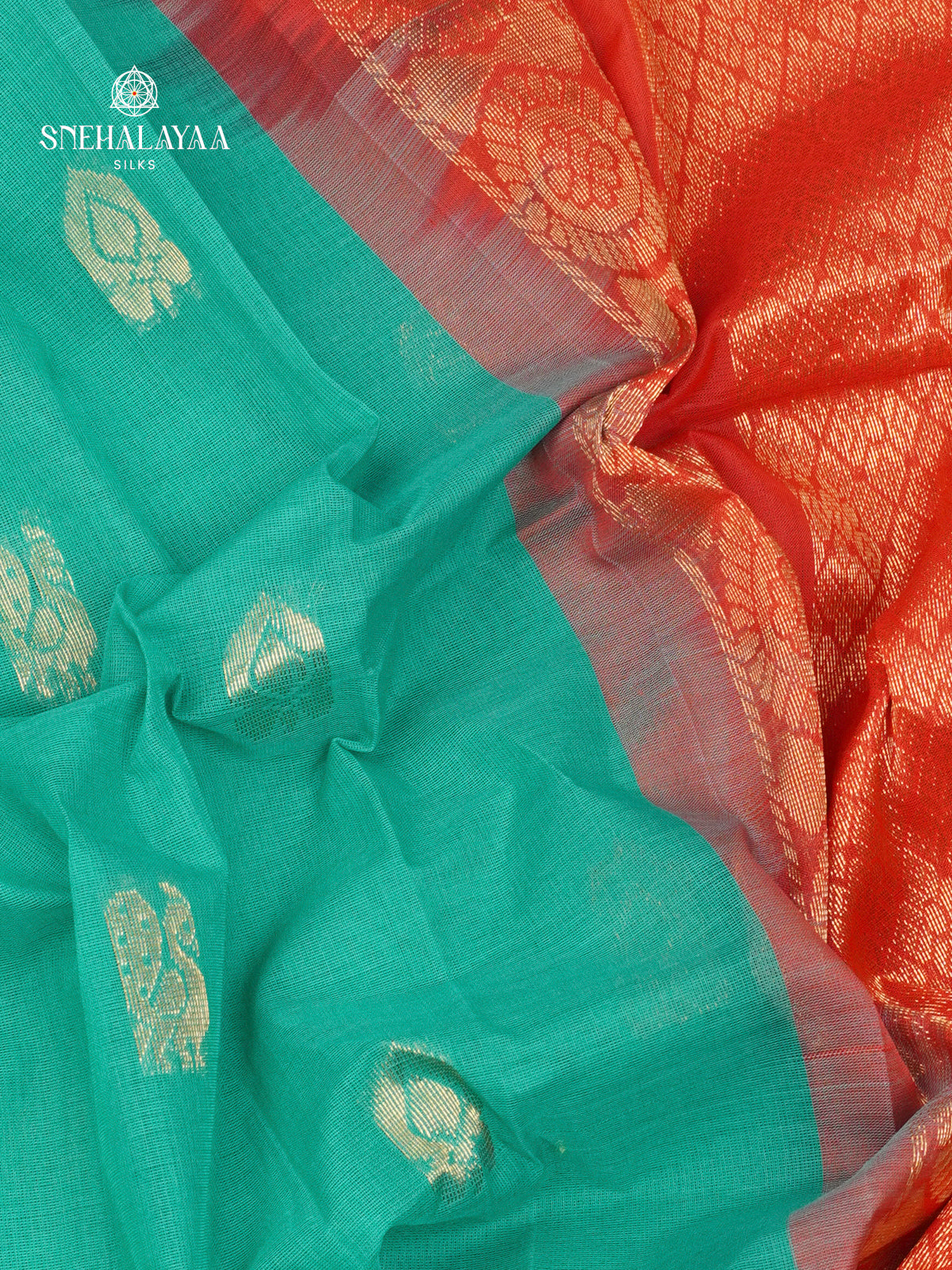 Teal Green Gadwal Cotton Saree Without Blouse